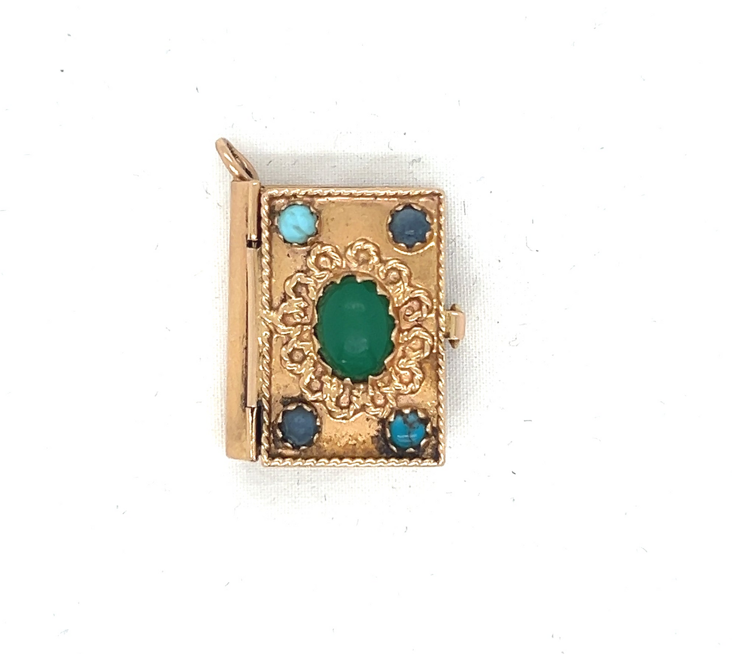 Articulated 14k Book Locket Charm with Chrysoprase, Chalcedony, Sapphire and Turquoise