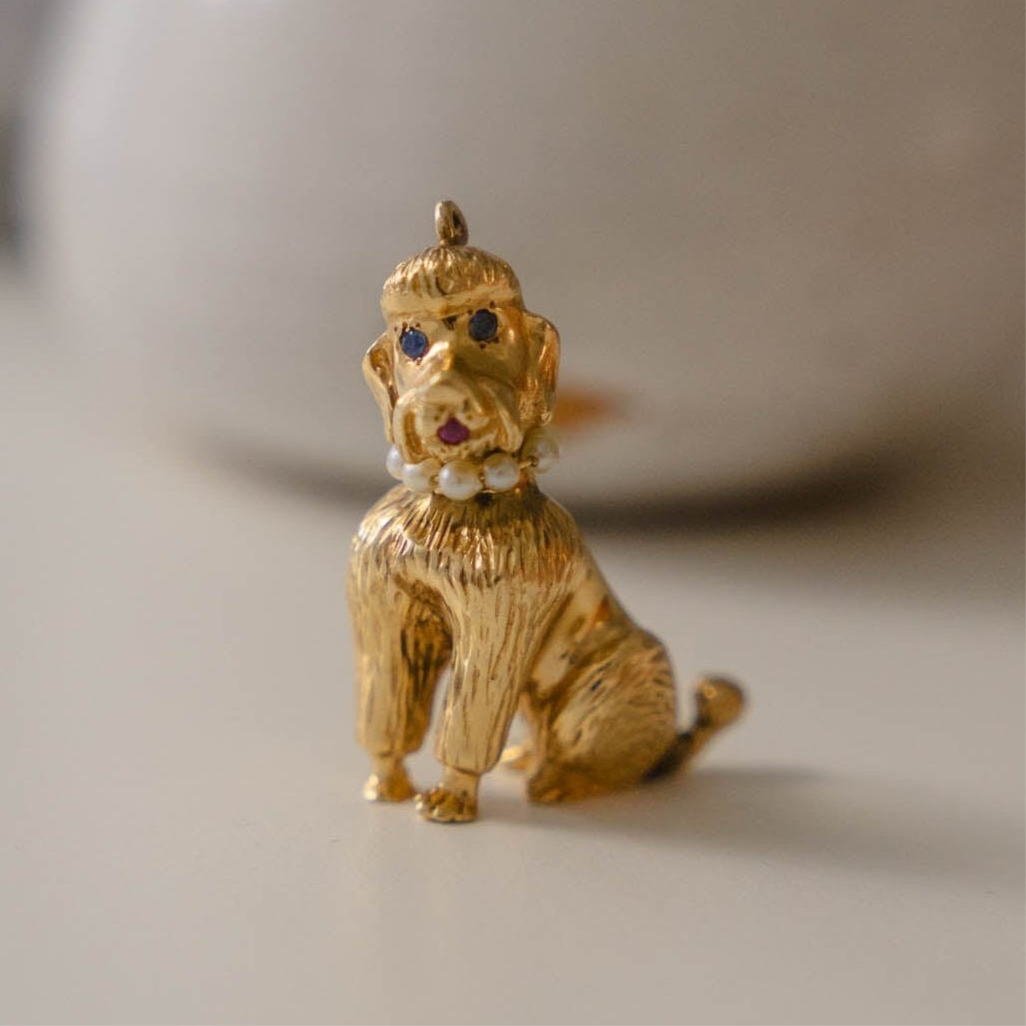Poodle Charm with Pearl, Sapphire, and Ruby in Solid 14K