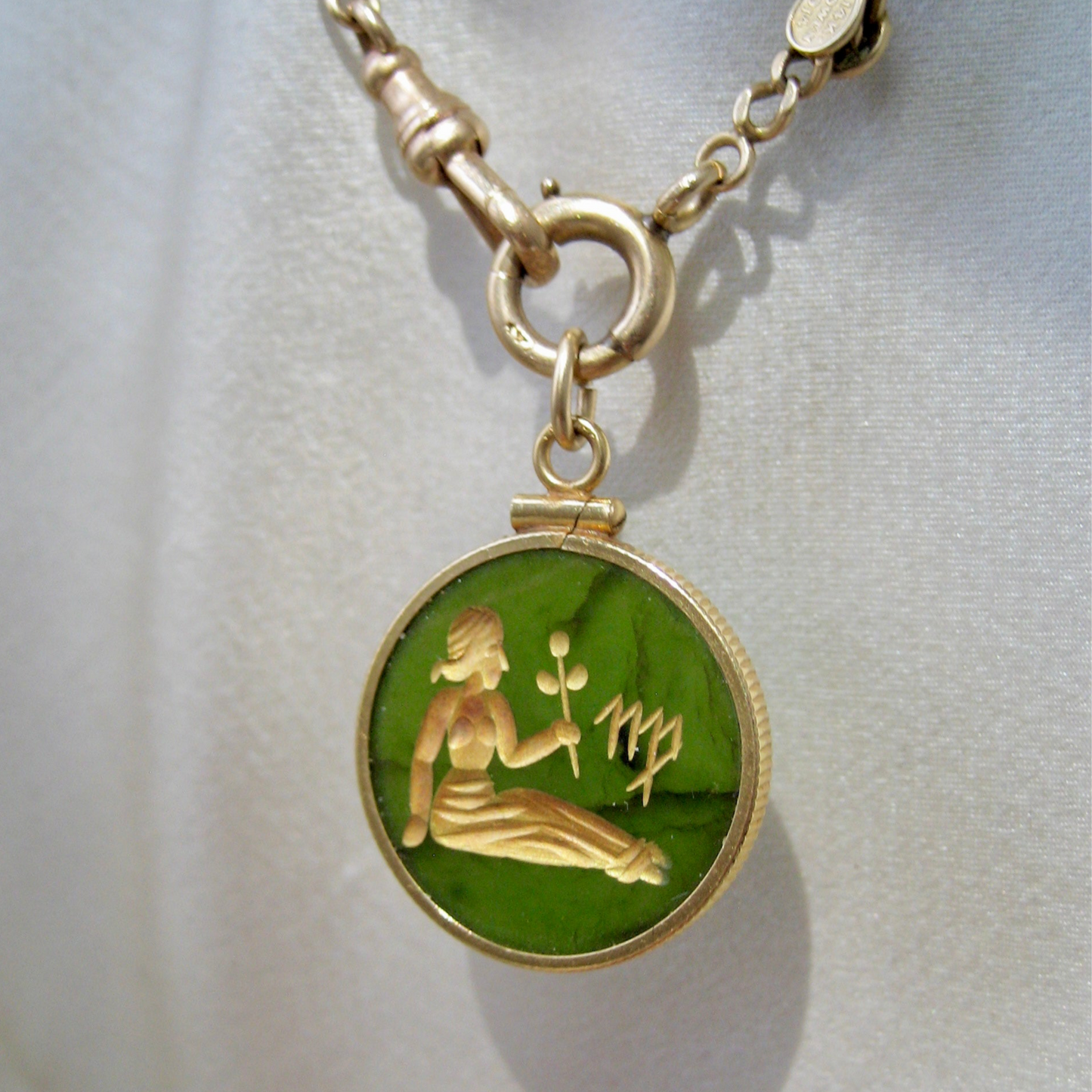 Jade Virgo Intaglio Zodiac Pendant in 14k