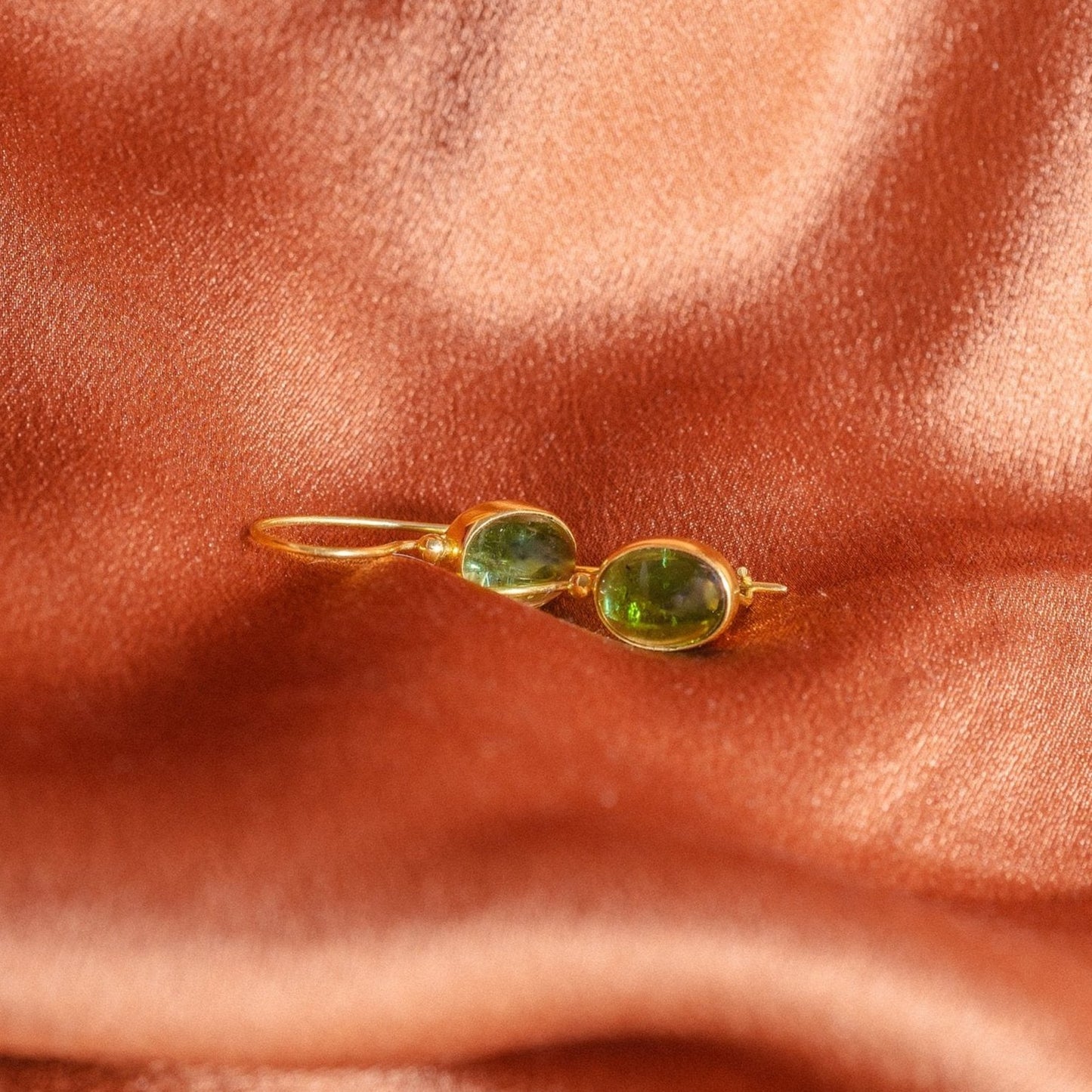 Green Tourmaline Oval Bezel Set Earrings in 14KY