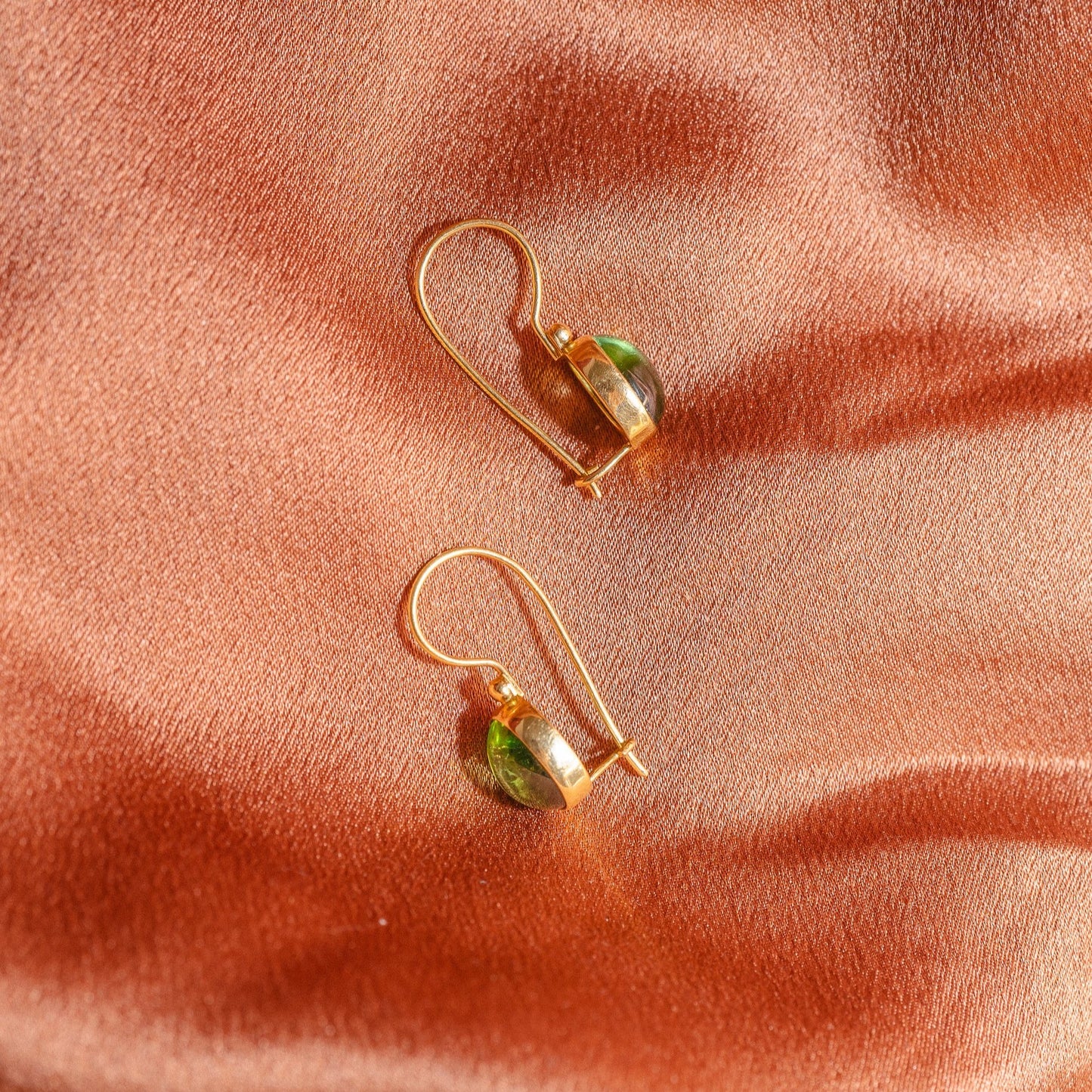 Green Tourmaline Oval Bezel Set Earrings in 14KY