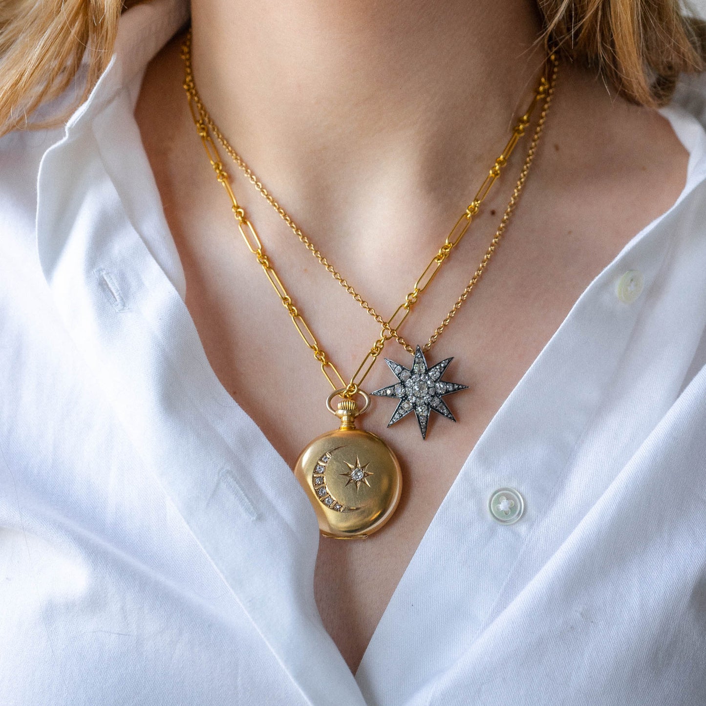 Victorian 14K Old Mine Cut Diamond Crescent Moon & Star Pocket Watch Conversion Locket