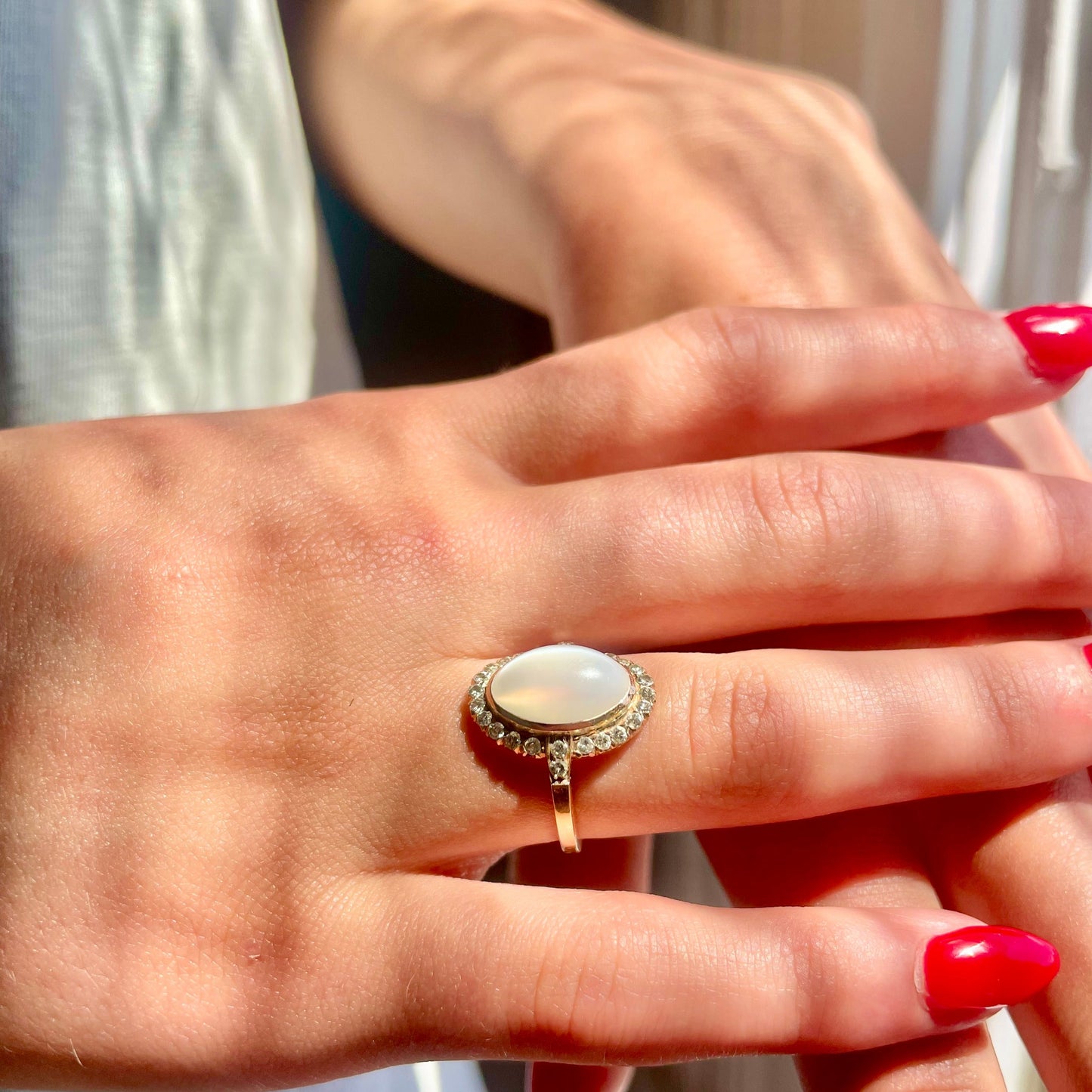 Cat’s Eye Moonstone Diamond Halo RIng in 14K