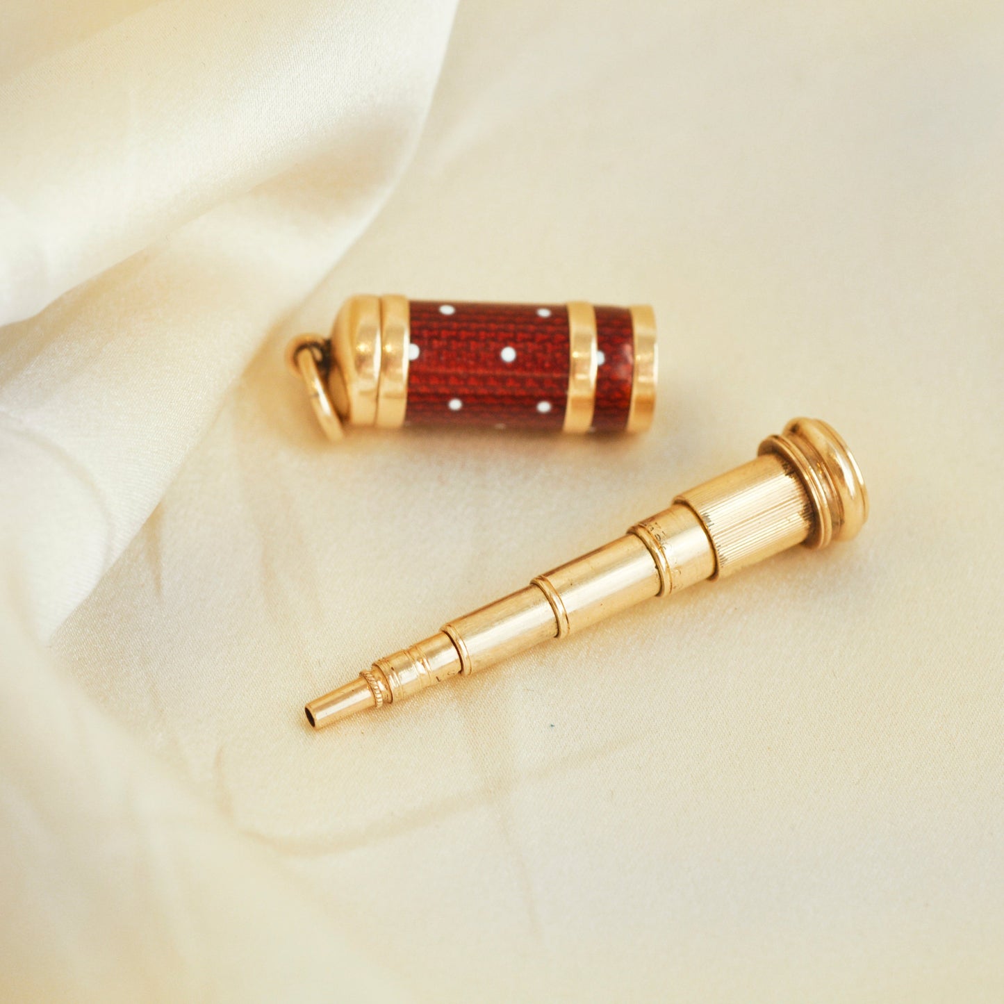 Exquisite Antique Dance Card Pencil | Cranberry Red Guilloché Enamel | 9KT Gold