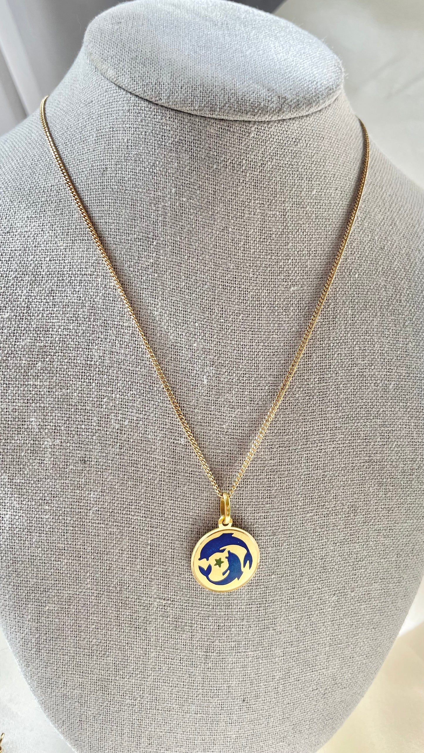 18K Italian Enamel Pisces Pendant with Dolphins and Star