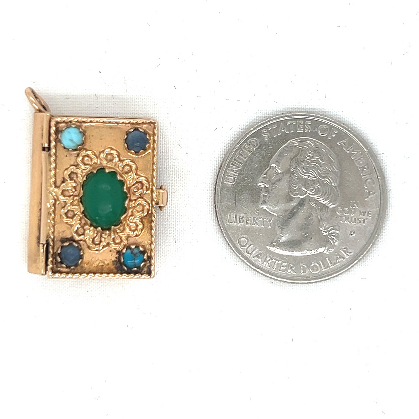 Articulated 14k Book Locket Charm with Chrysoprase, Chalcedony, Sapphire and Turquoise