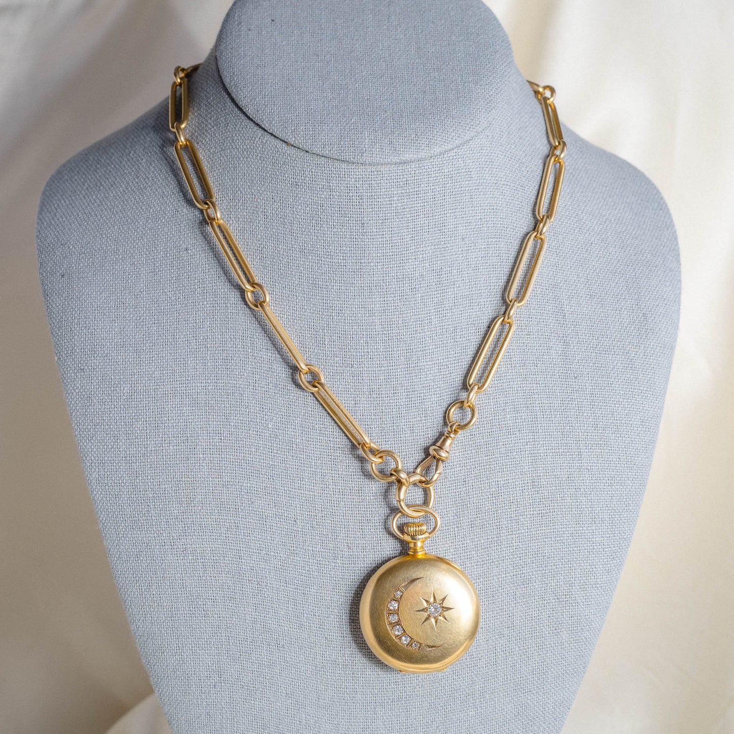 Victorian 14K Old Mine Cut Diamond Crescent Moon & Star Pocket Watch Conversion Locket