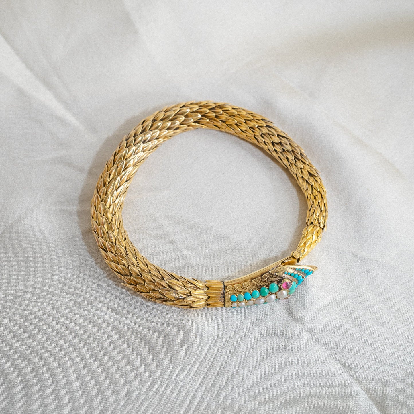 Antique Victorian Snake Bracelet 18k Yellow Gold With Turquoise, Pearl and Garnet Detail