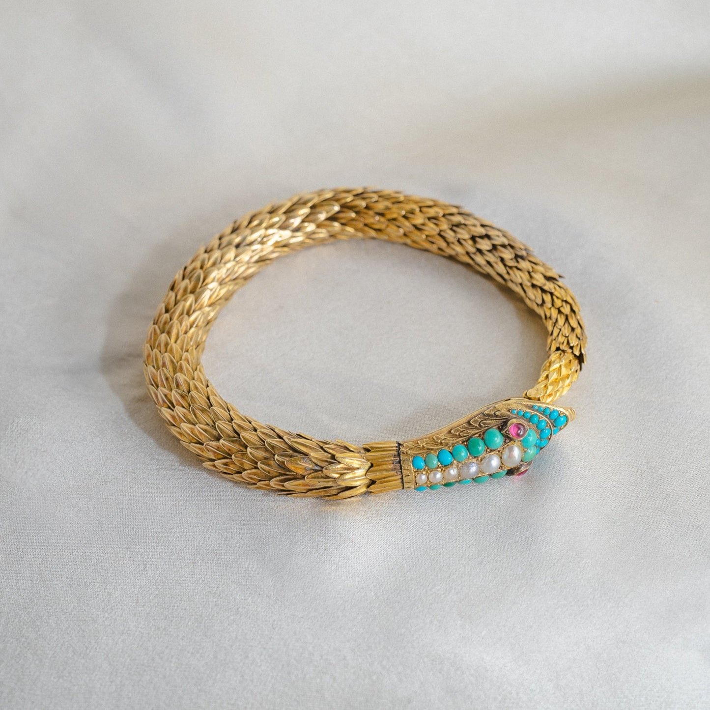 Antique Victorian Snake Bracelet 18k Yellow Gold With Turquoise, Pearl and Garnet Detail