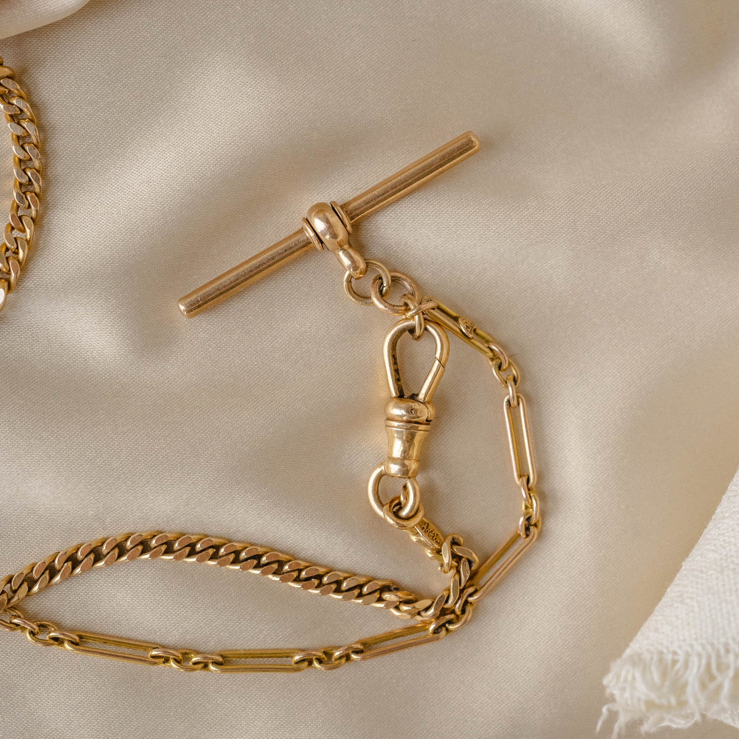 Dual-Sided 9K + 14k Vintage Watch Chain Necklace with T-Bar Fob