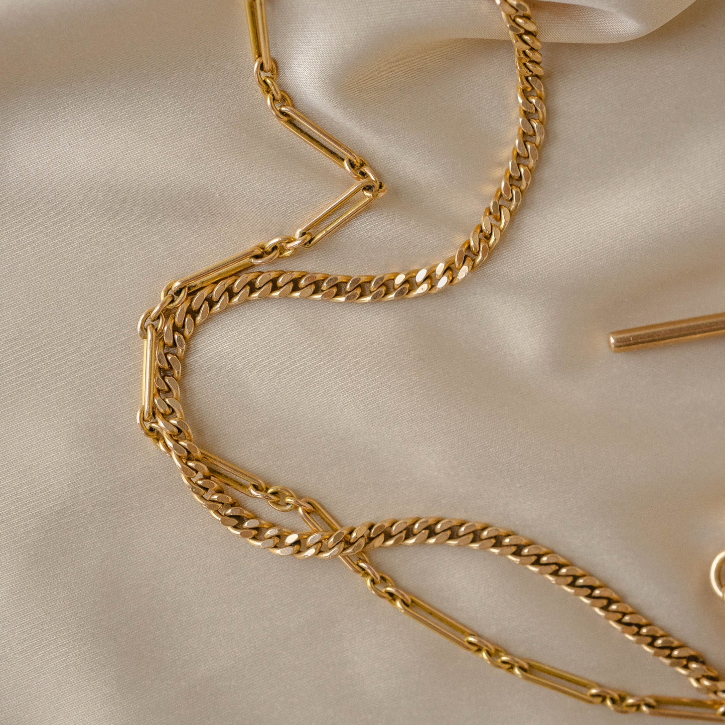 Dual-Sided 9K + 14k Vintage Watch Chain Necklace with T-Bar Fob
