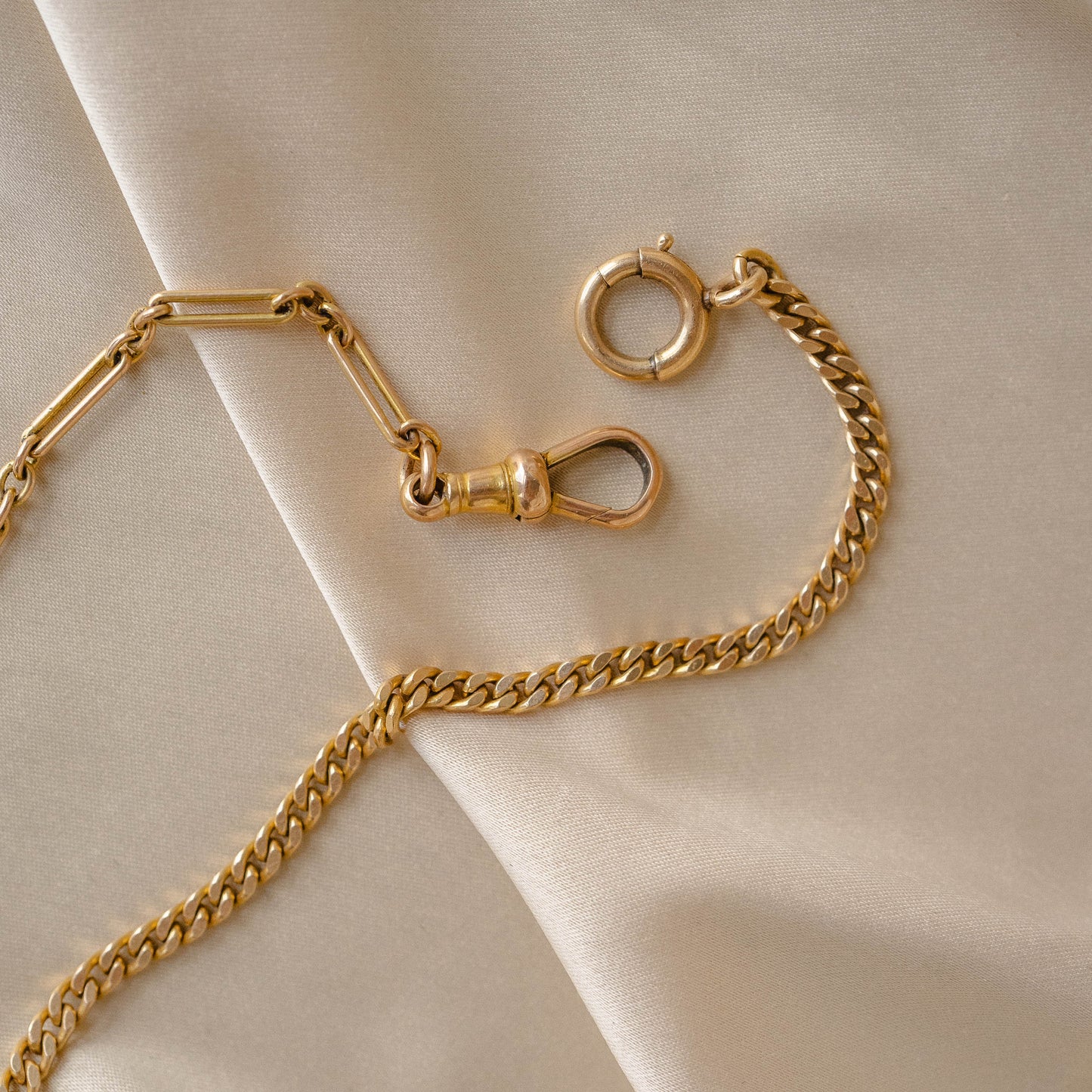 Dual-Sided 9K + 14k Vintage Watch Chain Necklace with T-Bar Fob