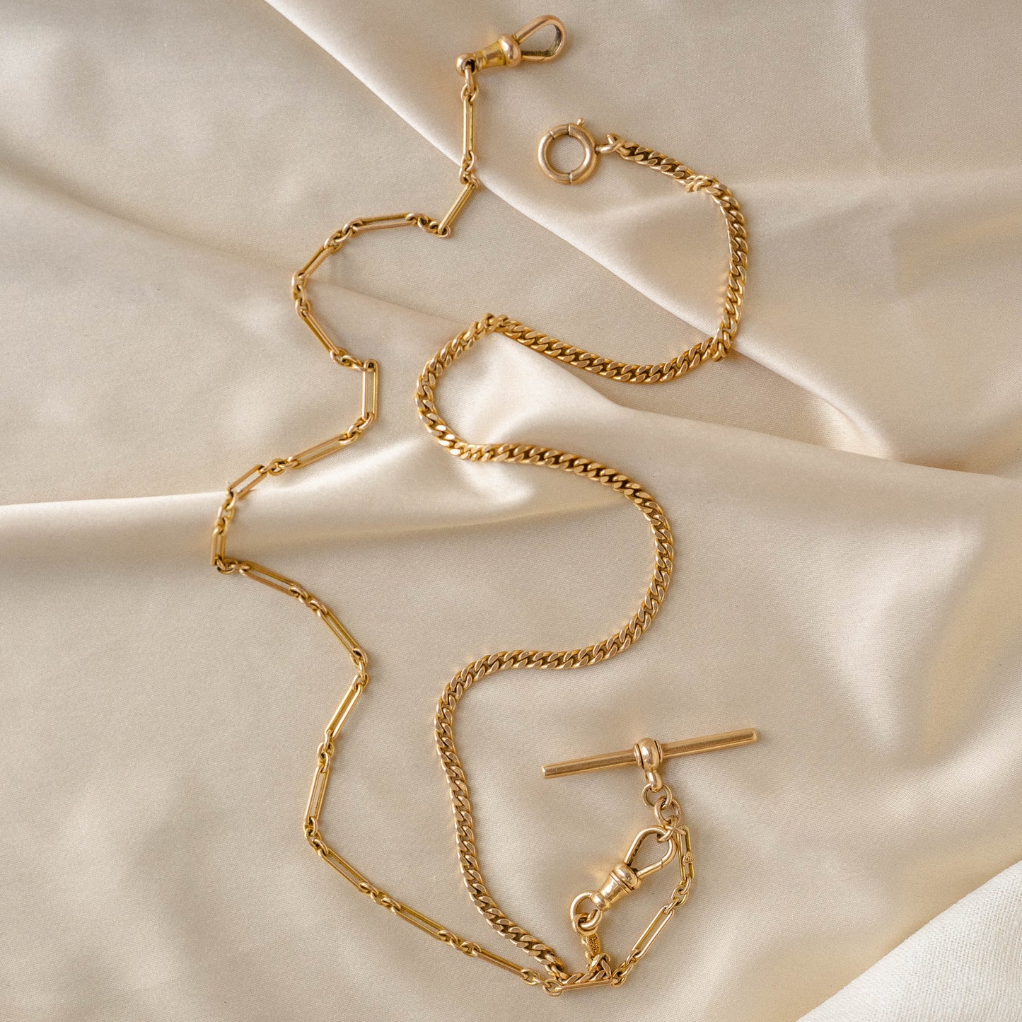 Dual-Sided 9K + 14k Vintage Watch Chain Necklace with T-Bar Fob