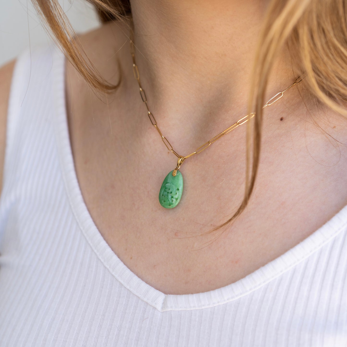 14k Hand Carved Jade Pendant