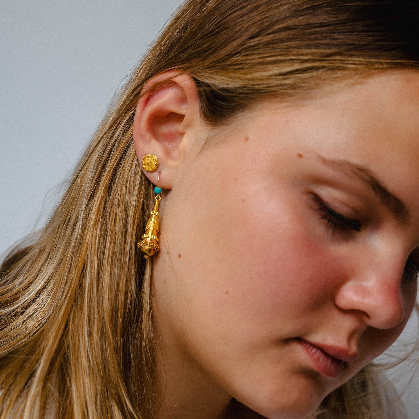 "A Turquoise Touch" 18k Torpedo Earrings with Turquoise Accent