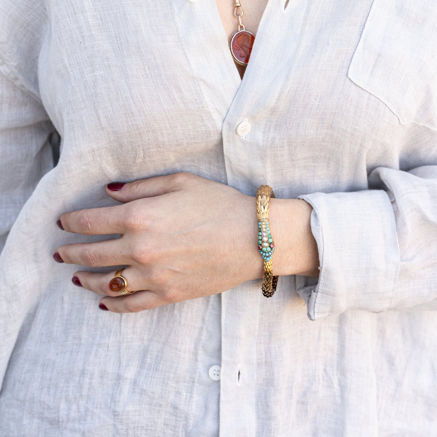 Antique Victorian Snake Bracelet 18k Yellow Gold With Turquoise, Pearl and Garnet Detail