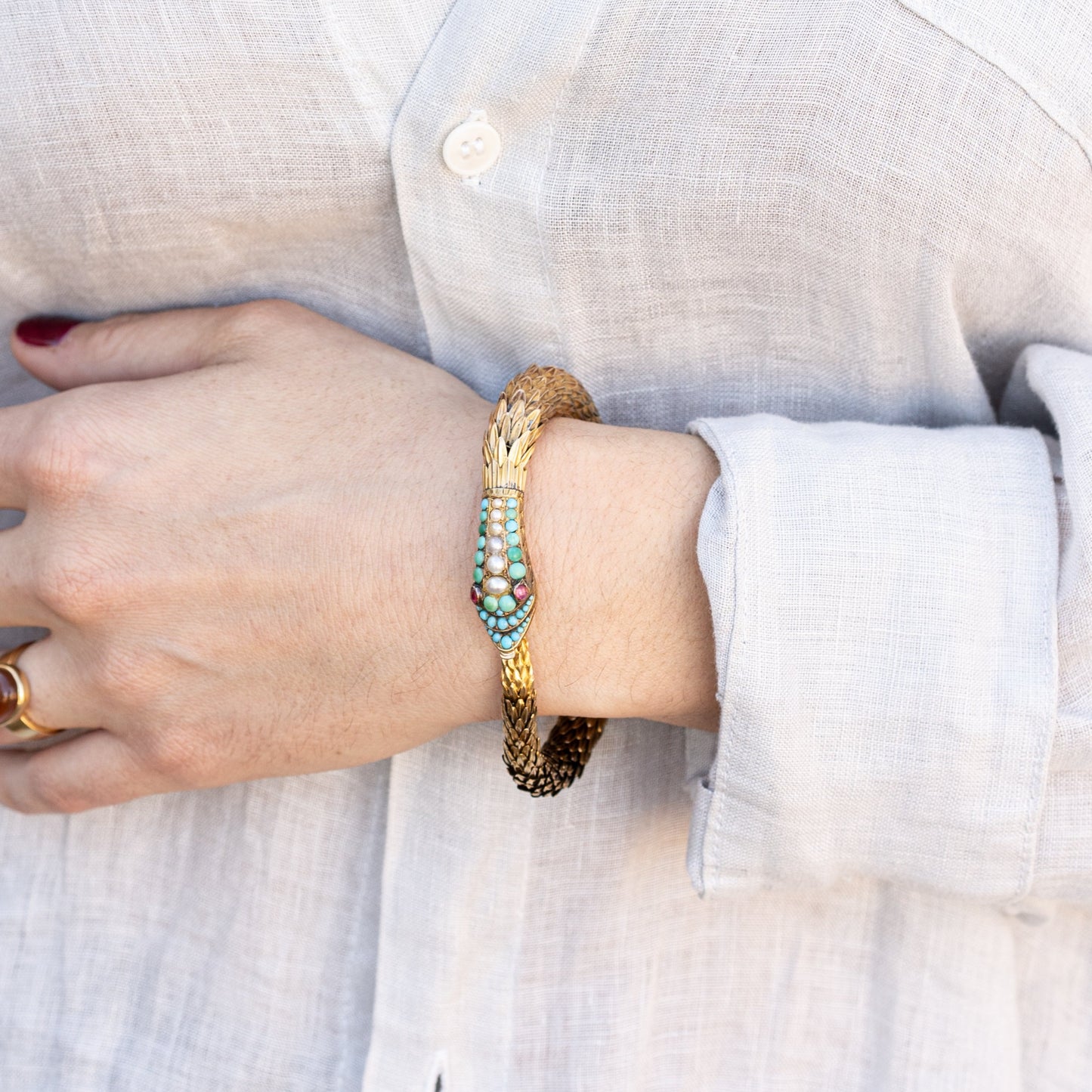 Antique Victorian Snake Bracelet 18k Yellow Gold With Turquoise, Pearl and Garnet Detail