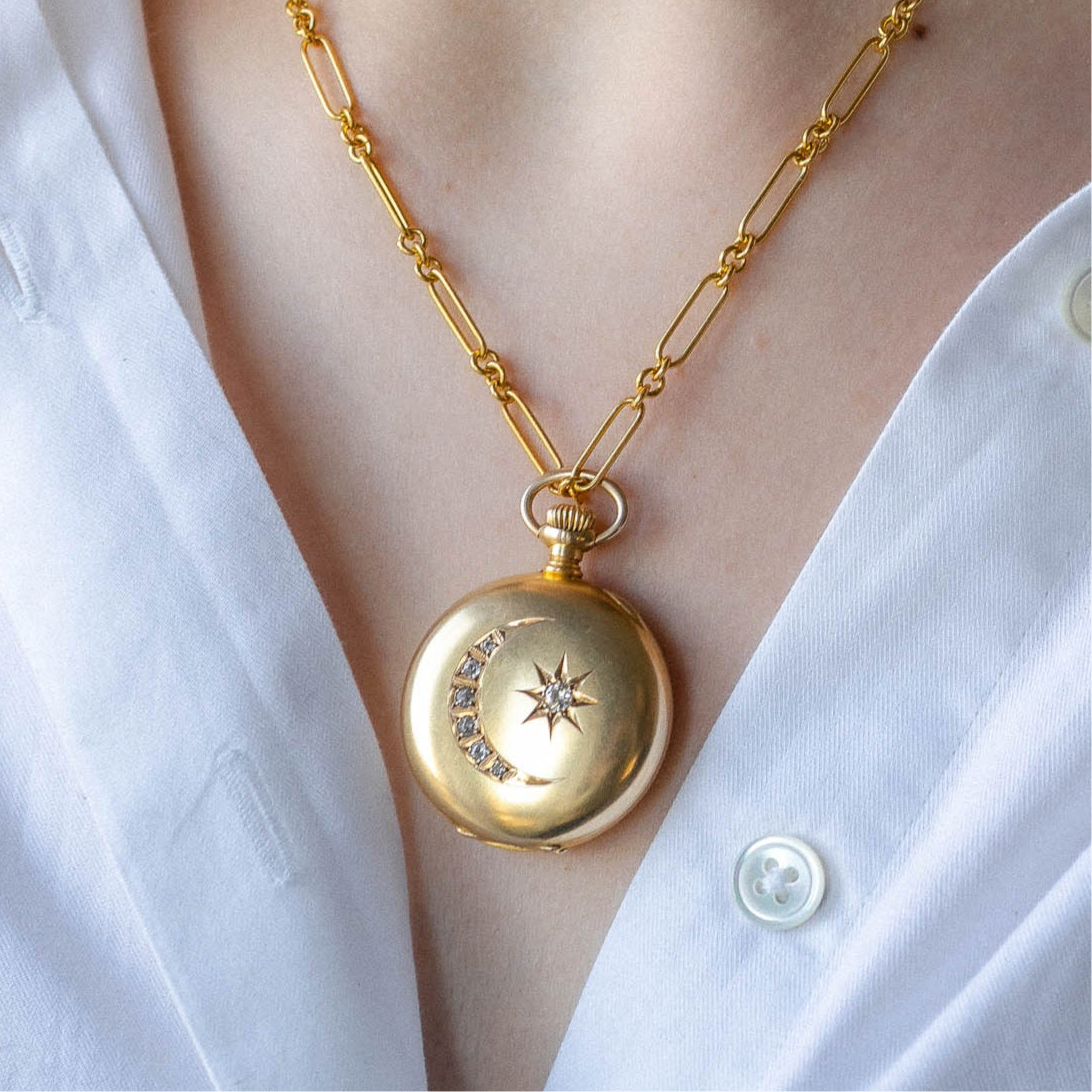 Victorian 14K Old Mine Cut Diamond Crescent Moon & Star Pocket Watch Conversion Locket