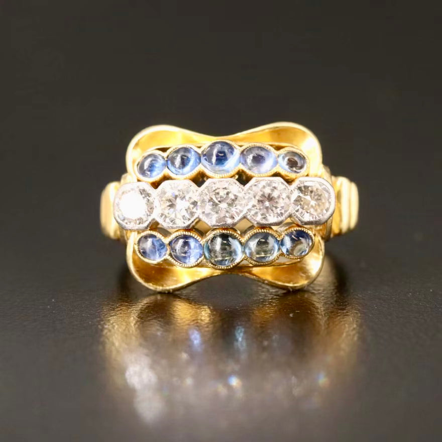 Exquisite Hand-Fabricated 1930s Sapphire and Diamond Milgrain Ring