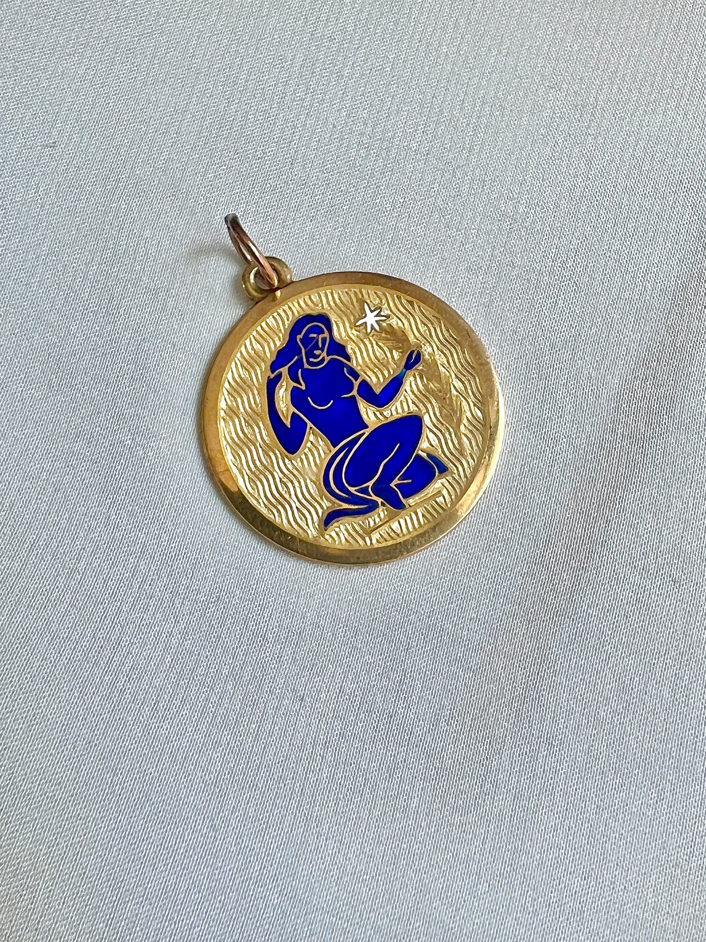 Heirloom Guilloche Enamel Virgo Zodiac Medallion Pendant in 18K Charm