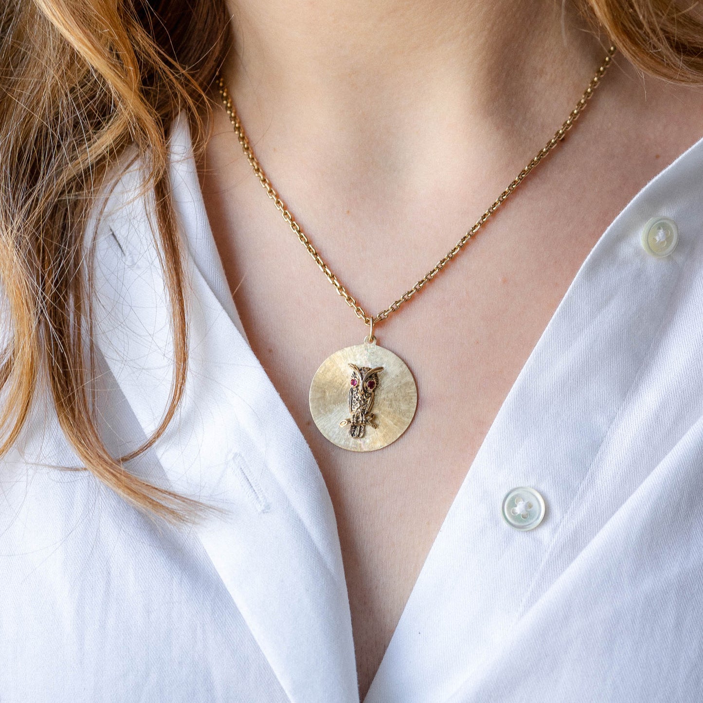 Handmade Repurposed 14K Yellow Gold Owl Medallion Pendant