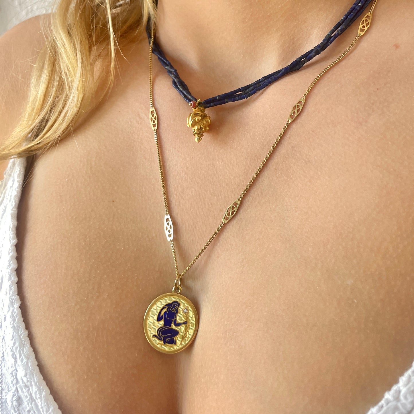 Heirloom Guilloche Enamel Virgo Zodiac Medallion Pendant in 18K Charm