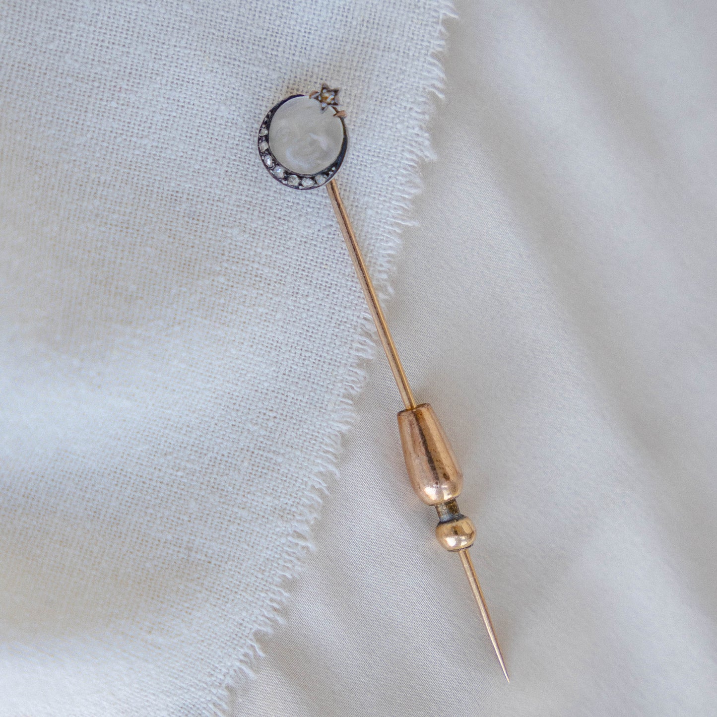 Man-in-the-Moon Stick Pin with Rose Cut Diamond Crescent in 14k