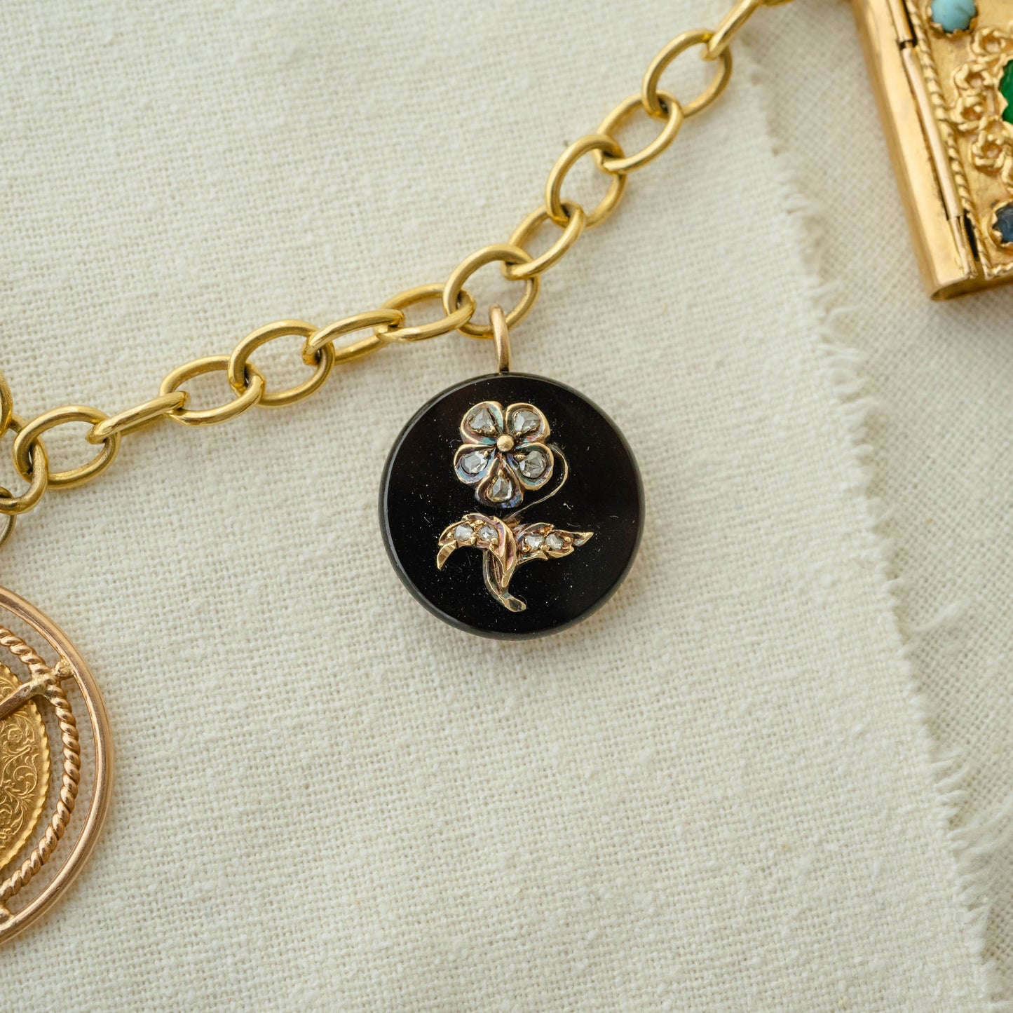 Victorian Black Onyx Pendant with Rose Cut Diamonds— Forget-Me-Not
