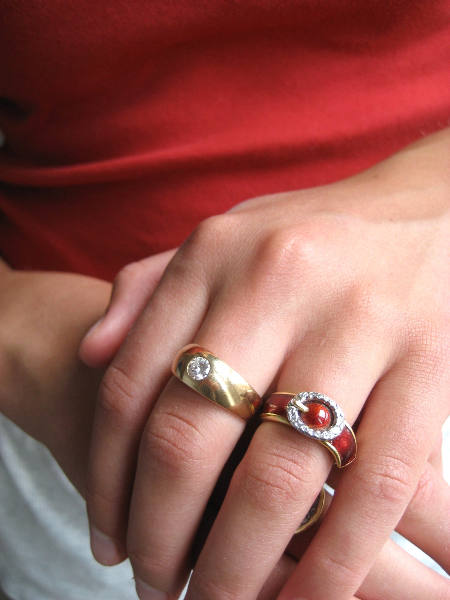 Vintage Kutchinsky 18k Red Enamel Belt Buckle Ring with Diamonds