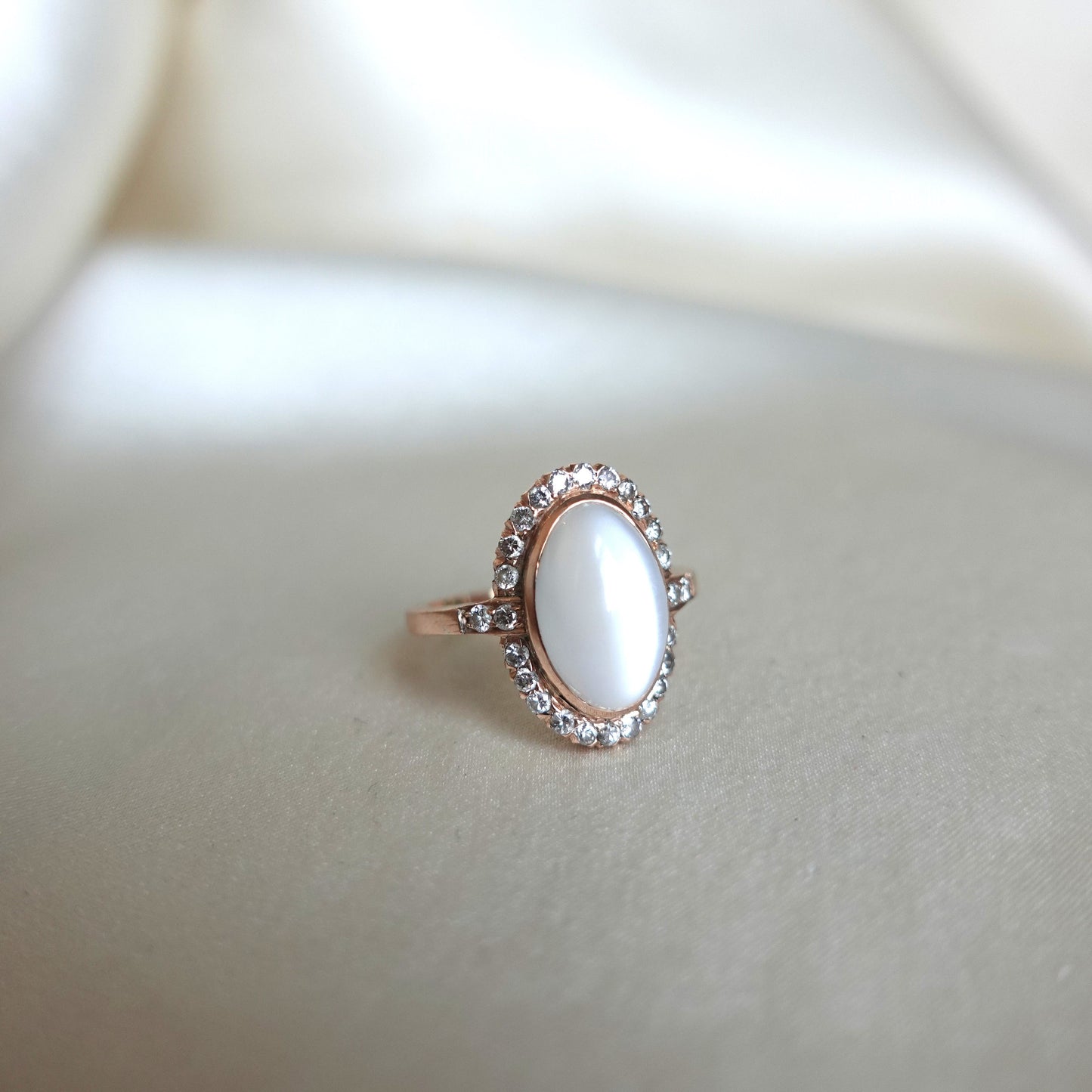 Cat’s Eye Moonstone Diamond Halo RIng in 14K