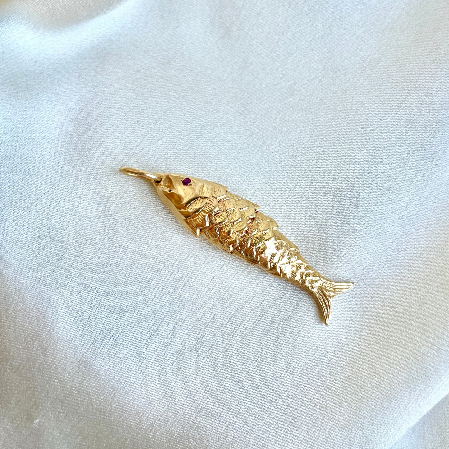 Vintage 14K Yellow Gold Articulated Fish Pendant with Ruby Eyes