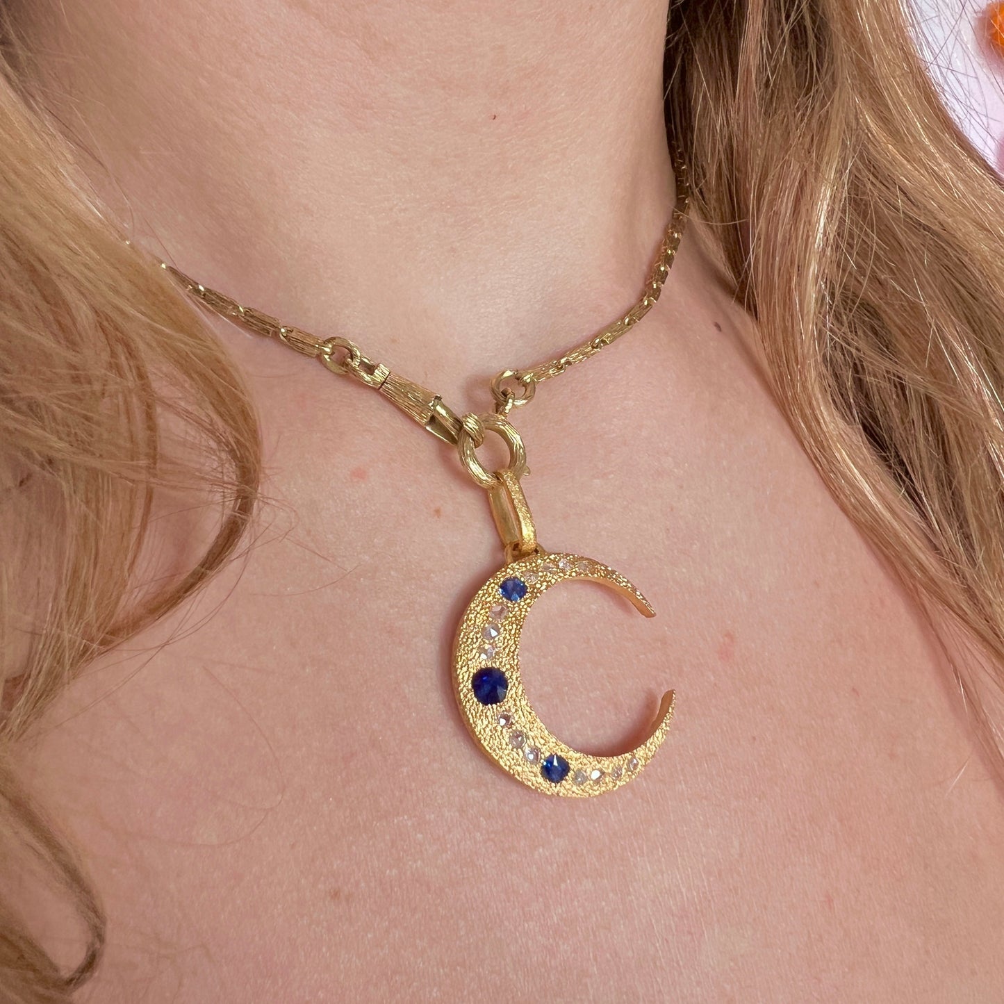 French Vintage 18K Sapphire and Diamond Moon Pendant
