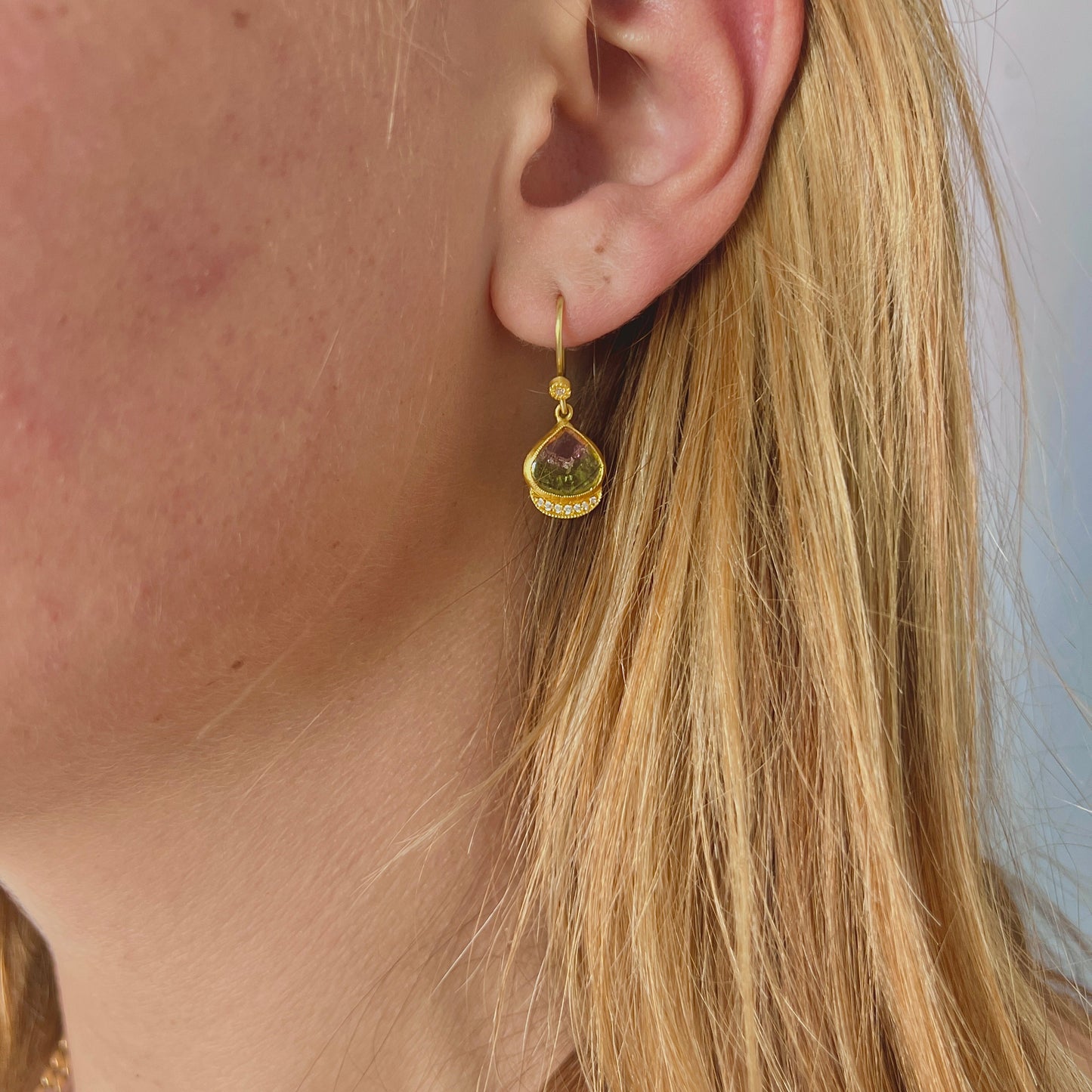 Watermelon Tourmaline Earrings with Diamonds in 24K Gold