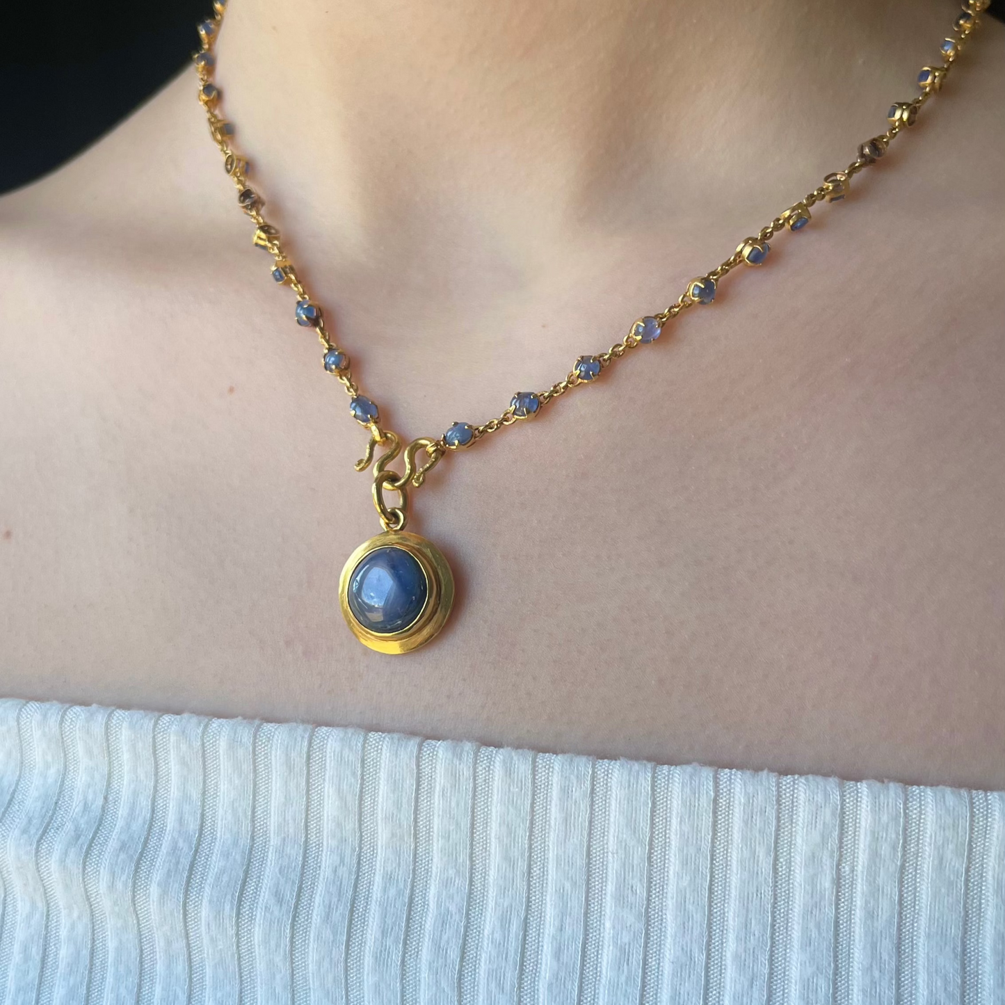 Romantic “Blue Sky” Cabochon Star Sapphire 20K Necklace