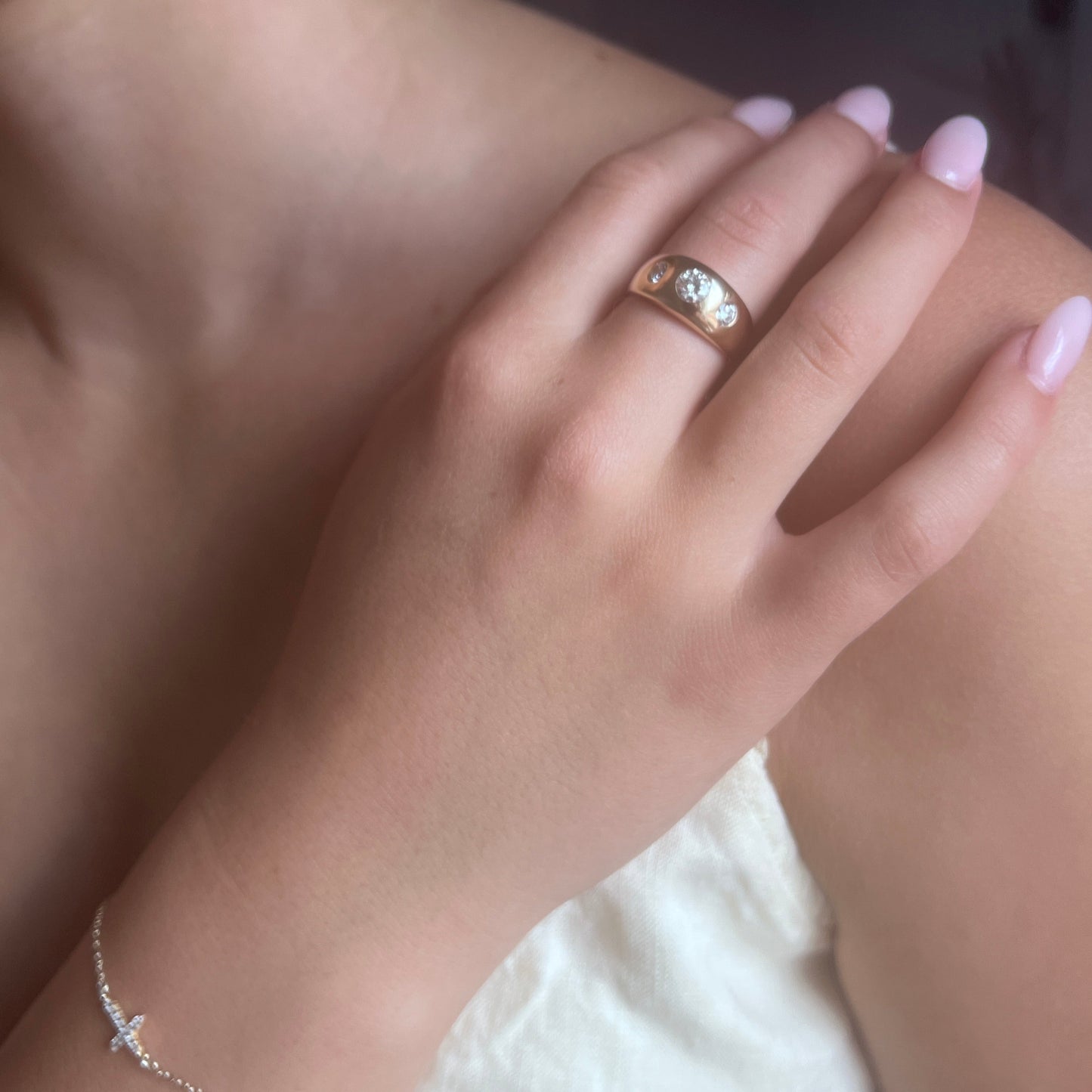 14K Yellow Gold Three-Stone Diamond Flush Set Ring