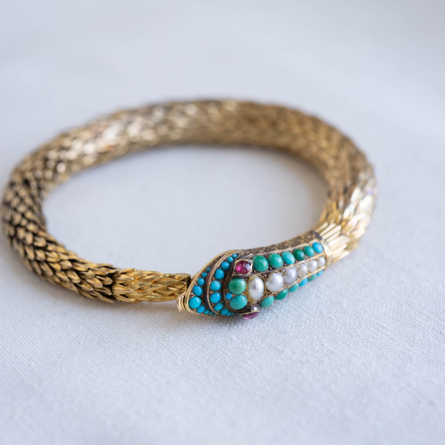 Antique Victorian Snake Bracelet 18k Yellow Gold With Turquoise, Pearl and Garnet Detail
