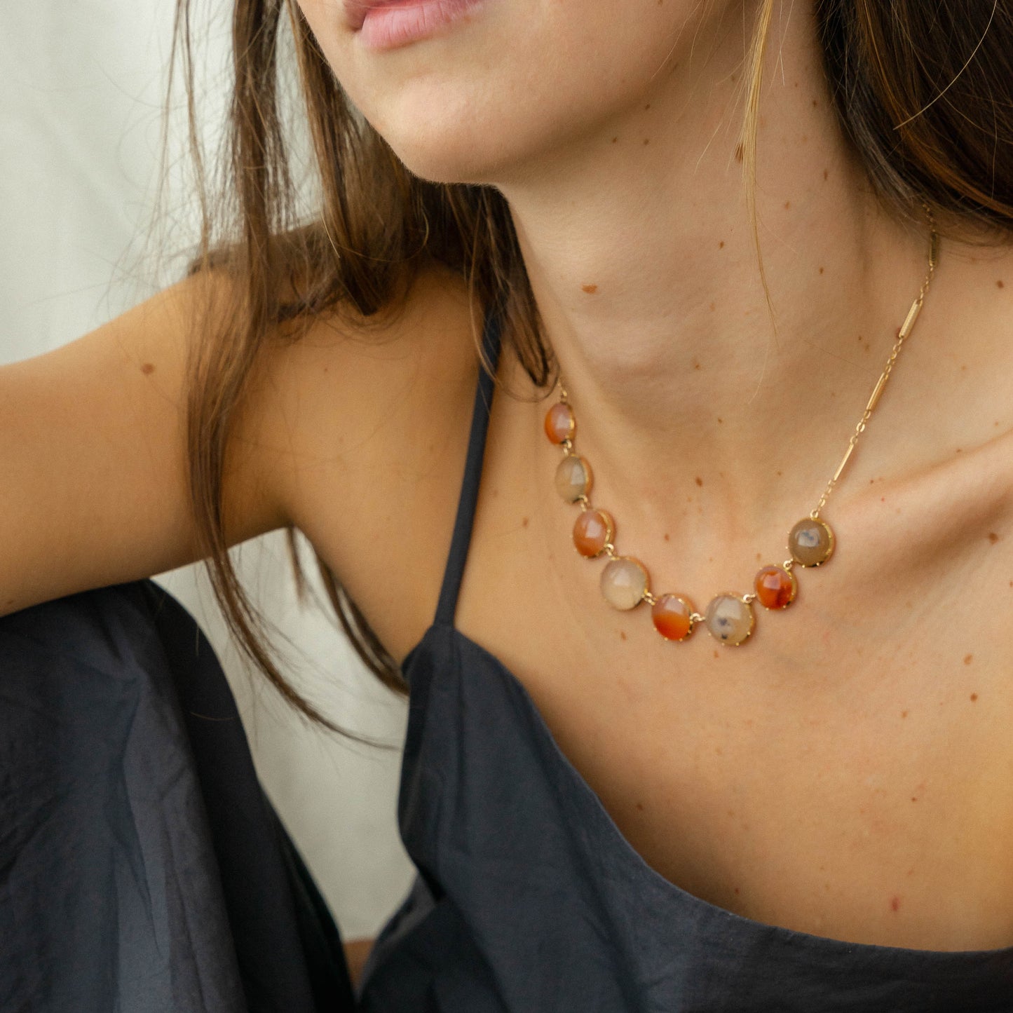 Collet Set Carnelian and Chalcedony 9 Karat Necklace