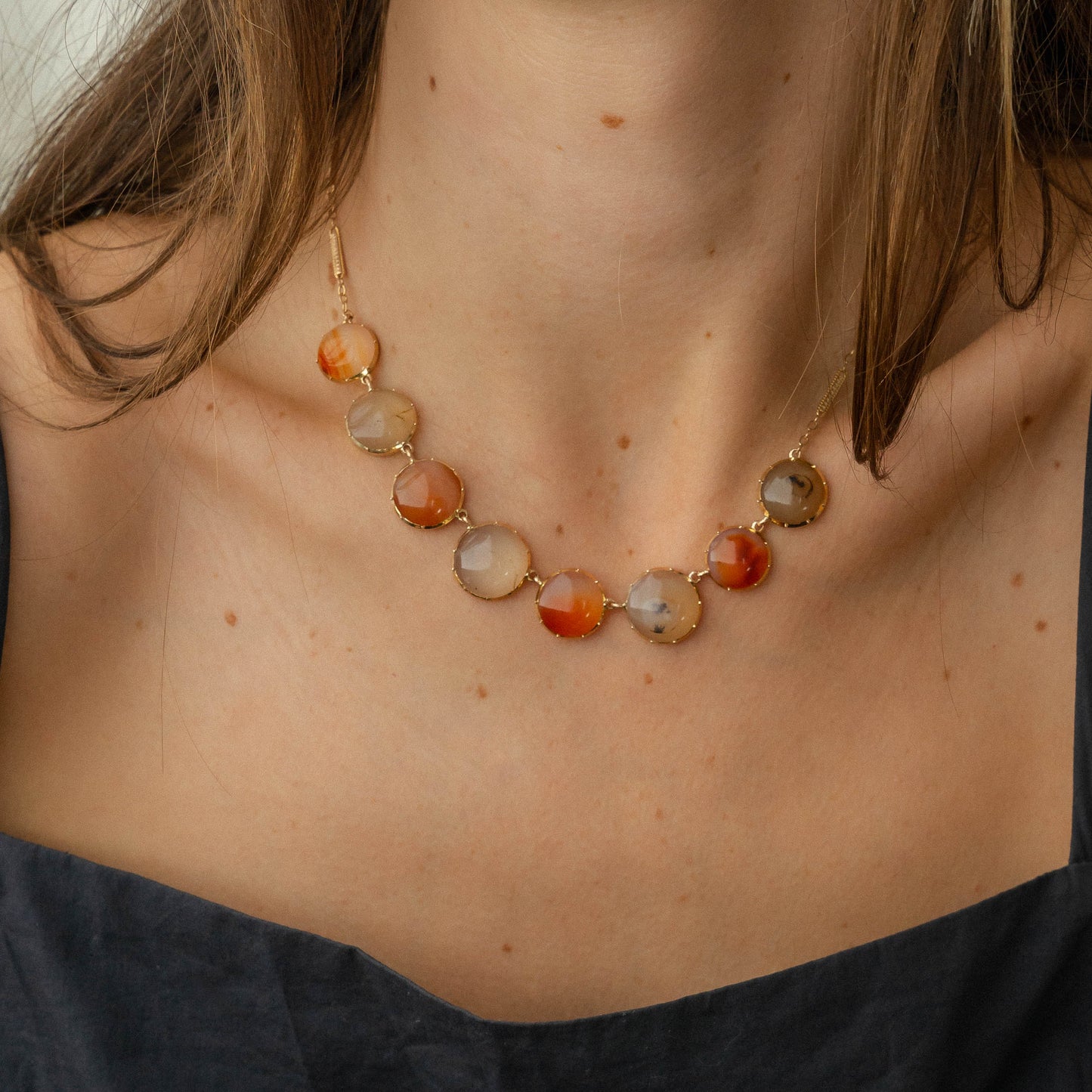 Collet Set Carnelian and Chalcedony 9 Karat Necklace