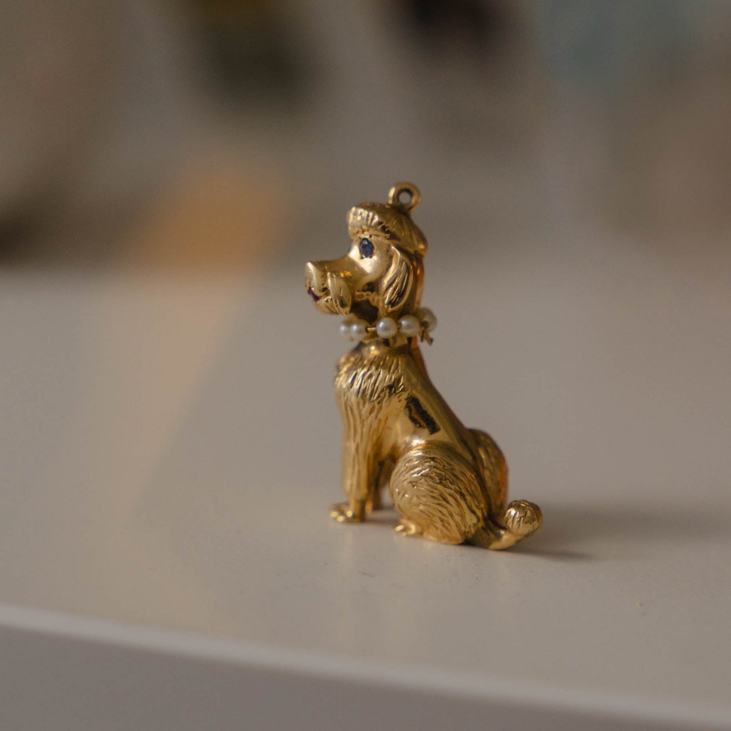 Poodle Charm with Pearl, Sapphire, and Ruby in Solid 14K