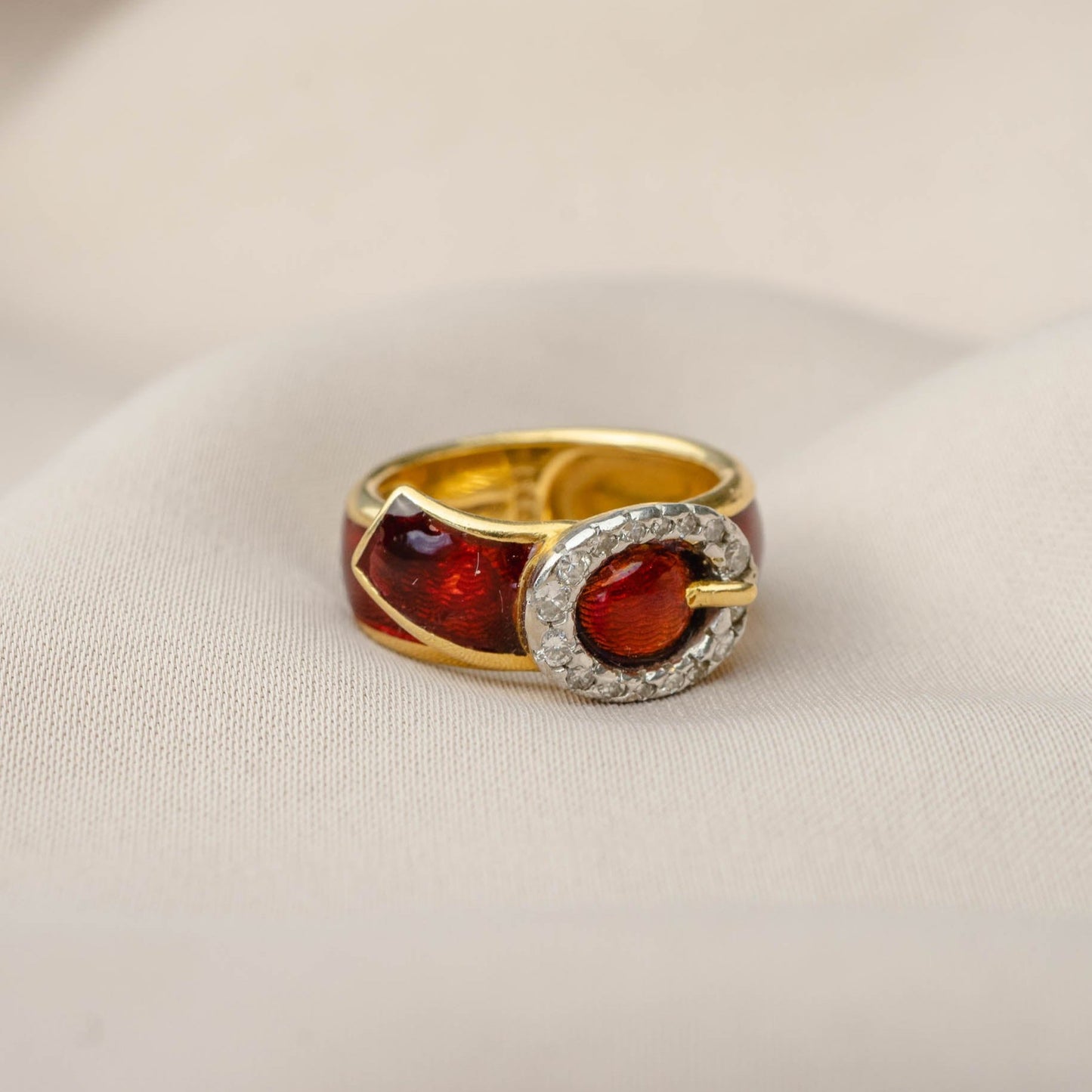 Vintage Kutchinsky 18k Red Enamel Belt Buckle Ring with Diamonds