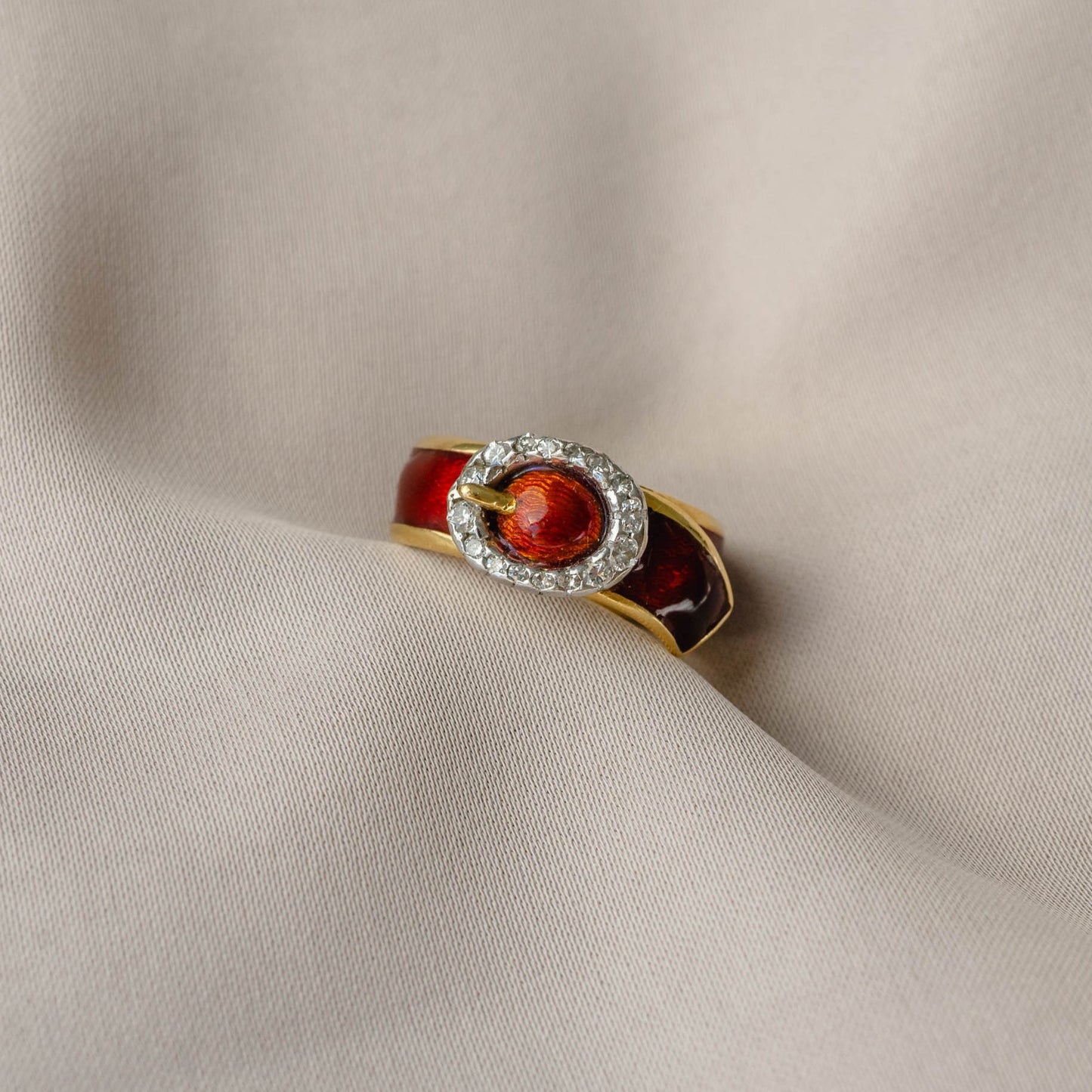 Vintage Kutchinsky 18k Red Enamel Belt Buckle Ring with Diamonds