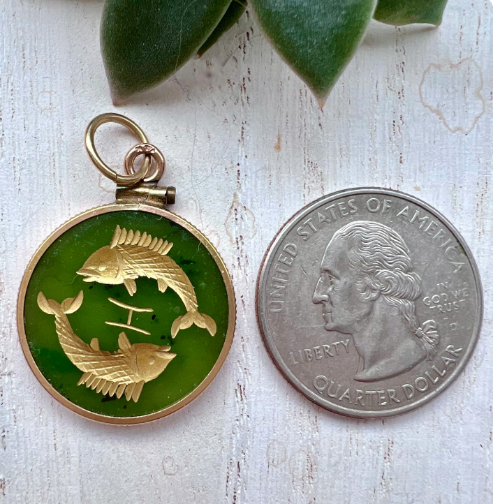 Vintage Nephrite Jade Pisces Zodiac Medallion in 14K Gold