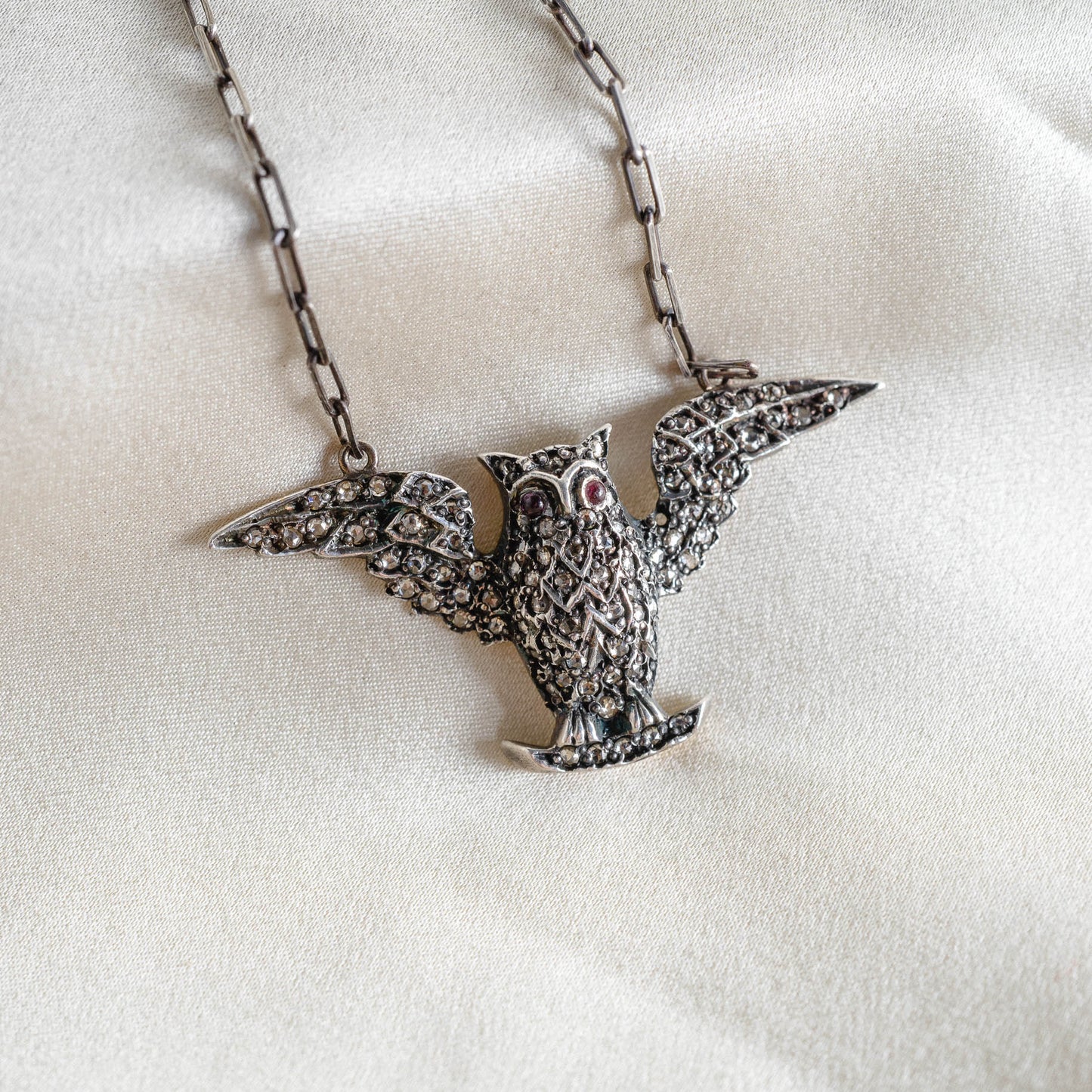 Victorian Sterling Diamond Ruby Owl Necklace