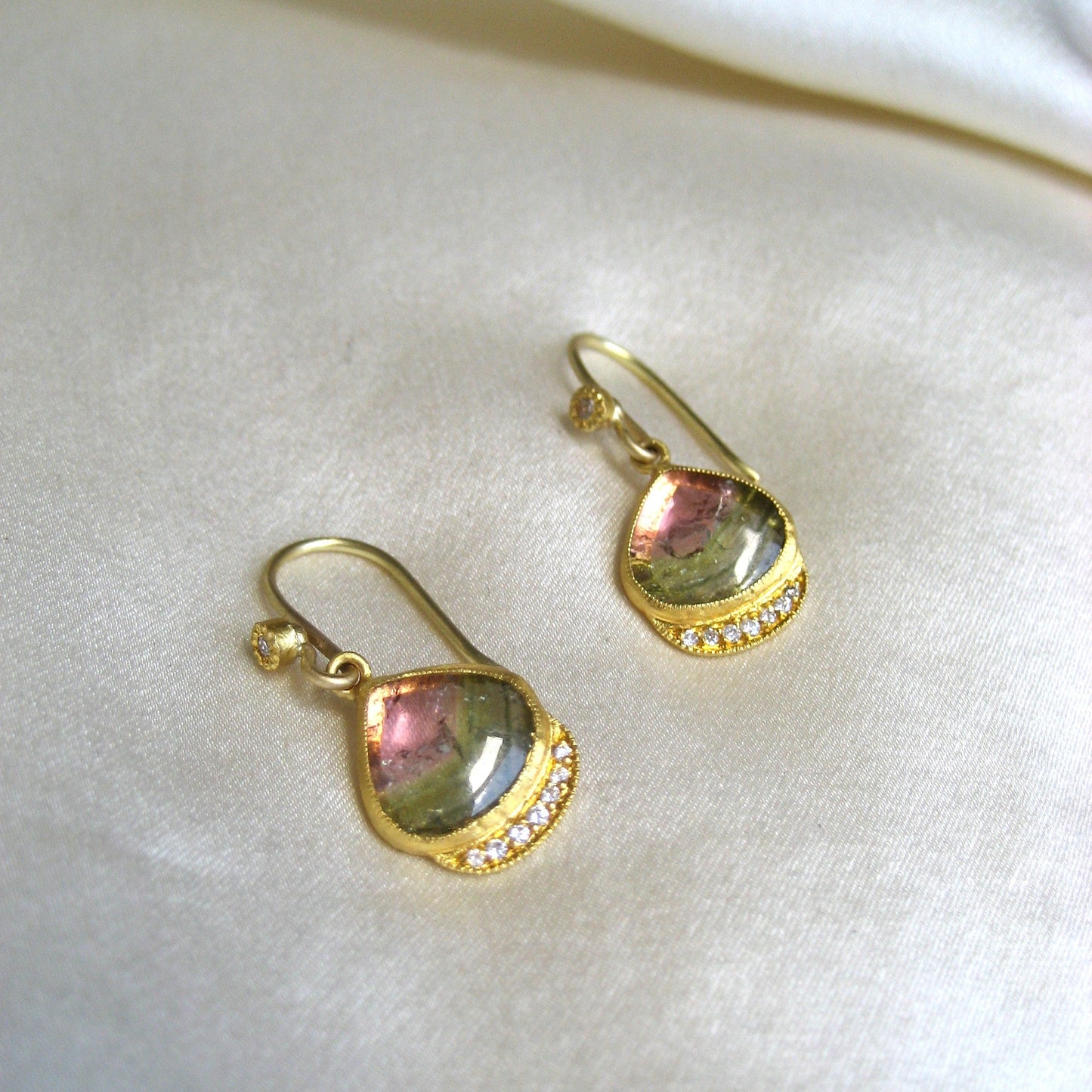 Watermelon Tourmaline Earrings with Diamonds in 24K Gold