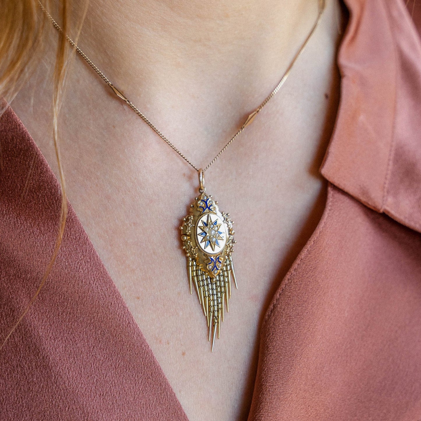 Victorian 18K Blue Enamel Pearl Fringe Pendant