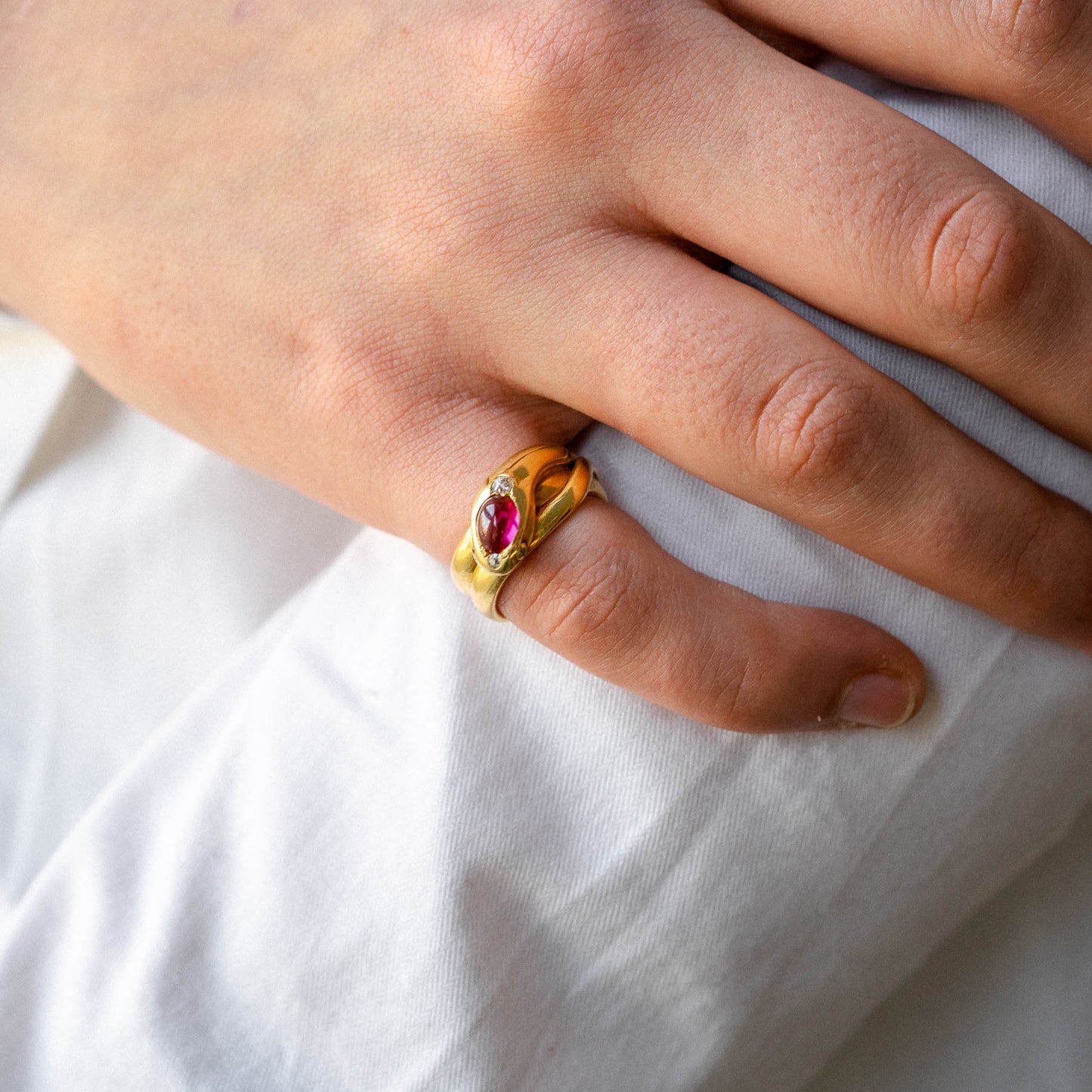 18k Ruby Snake Ring With Diamond Eyes