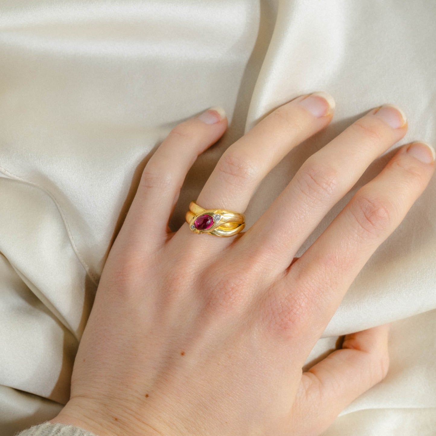 18k Ruby Snake Ring With Diamond Eyes