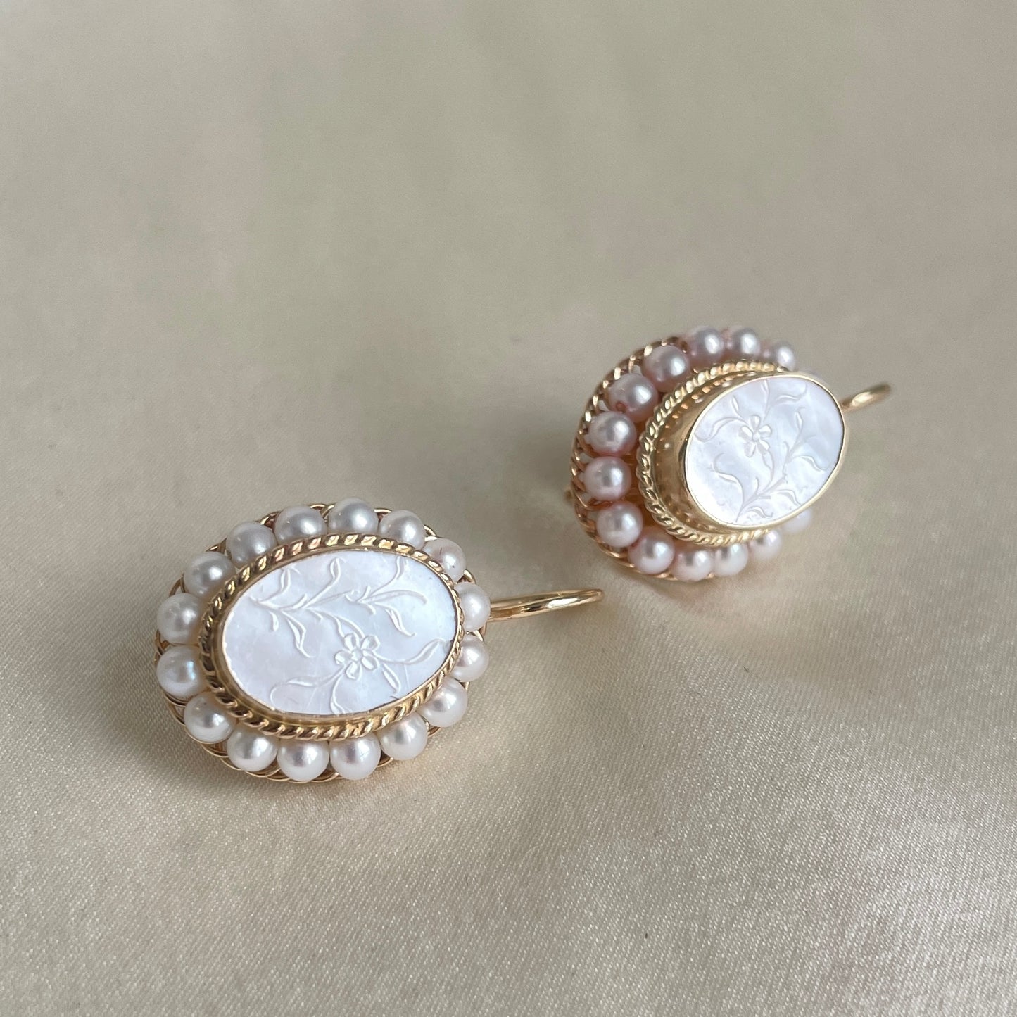 Etched Mother of Pearl & Pearl Halo Drop Earrings in 14K Yellow Gold