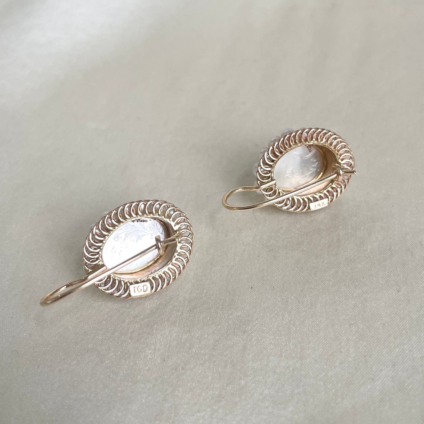 Etched Mother of Pearl & Pearl Halo Drop Earrings in 14K Yellow Gold