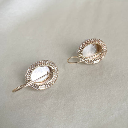 Etched Mother of Pearl & Pearl Halo Drop Earrings in 14K Yellow Gold